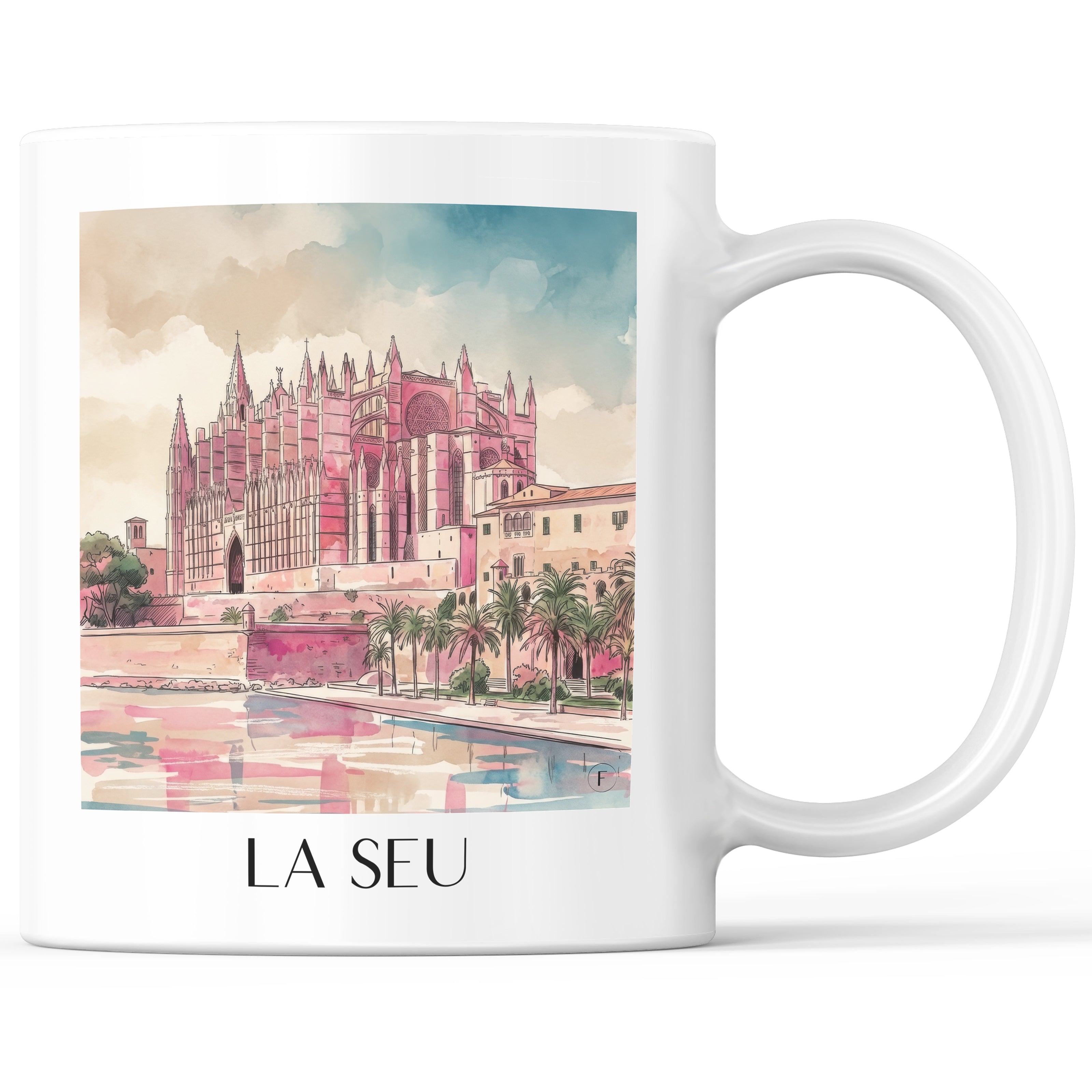 La Seu Kaffeebecher - Mallorca - Spanien Becher - Kaffeetasse im Aquarell Pink Stil - favplace