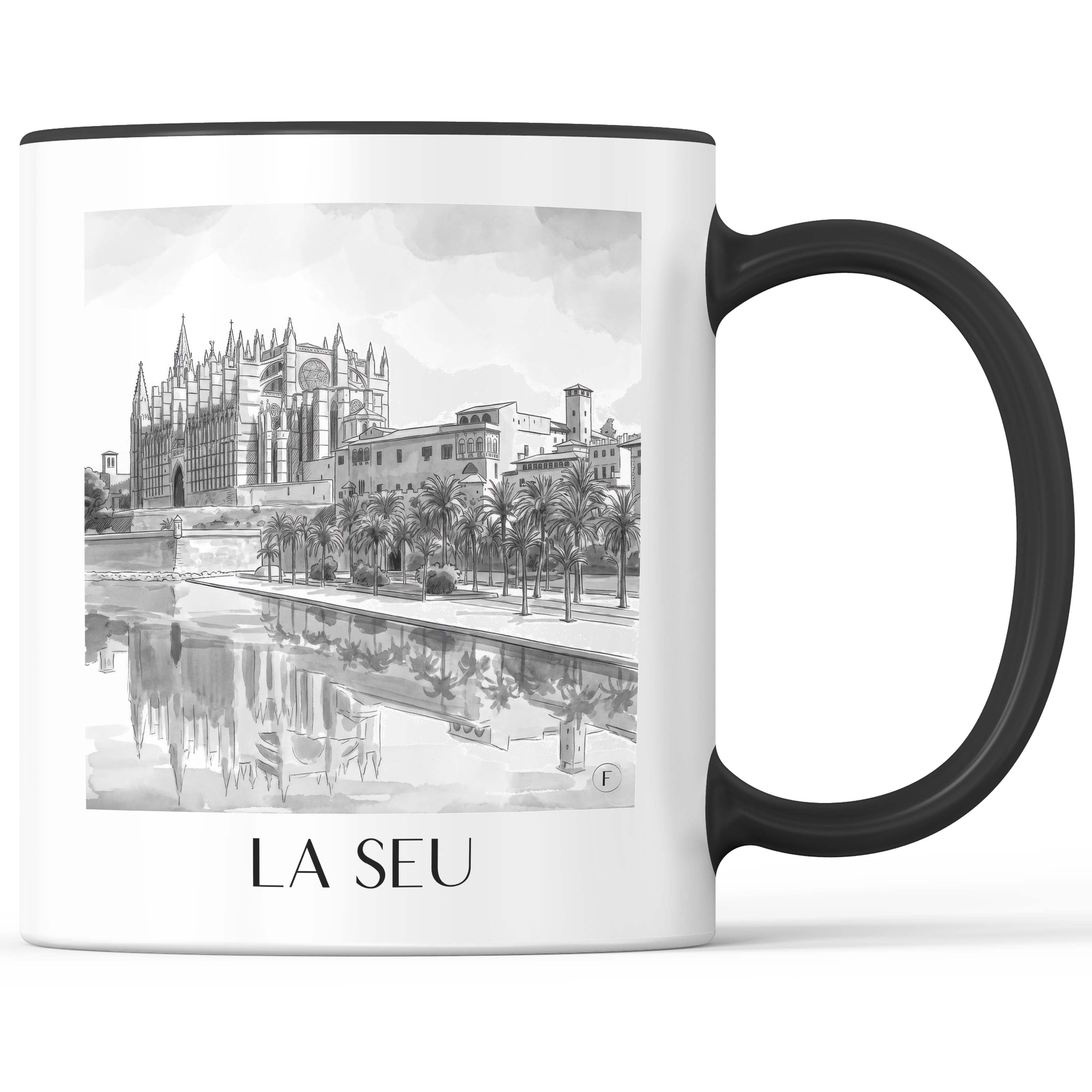 la-seu-mallorca-spanien-kaffeebecher-aquarell-schwarz-weiss