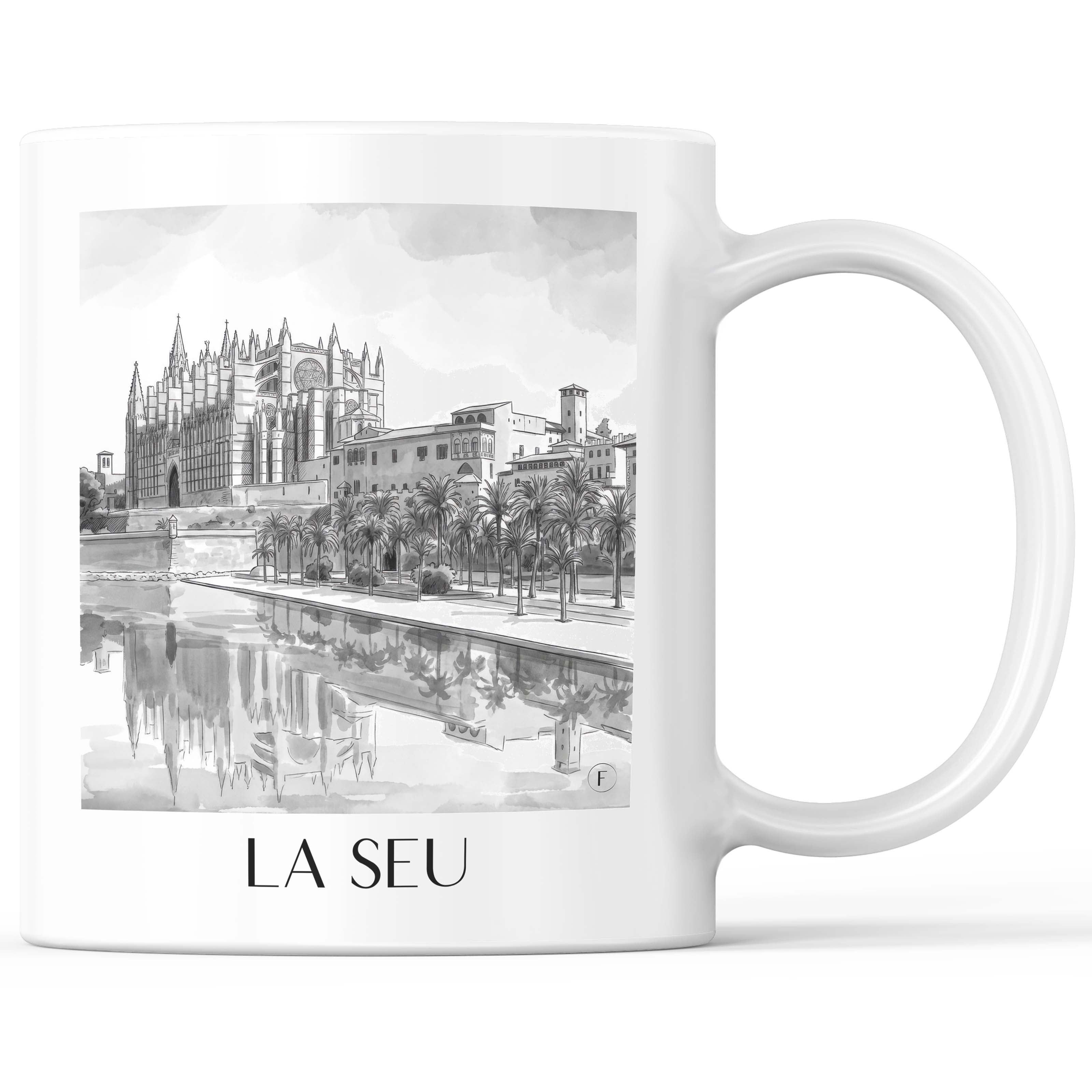 La Seu Kaffeebecher - Mallorca - Spanien Becher - Kaffeetasse im Aquarell Schwarz-Weiß Stil - favplace