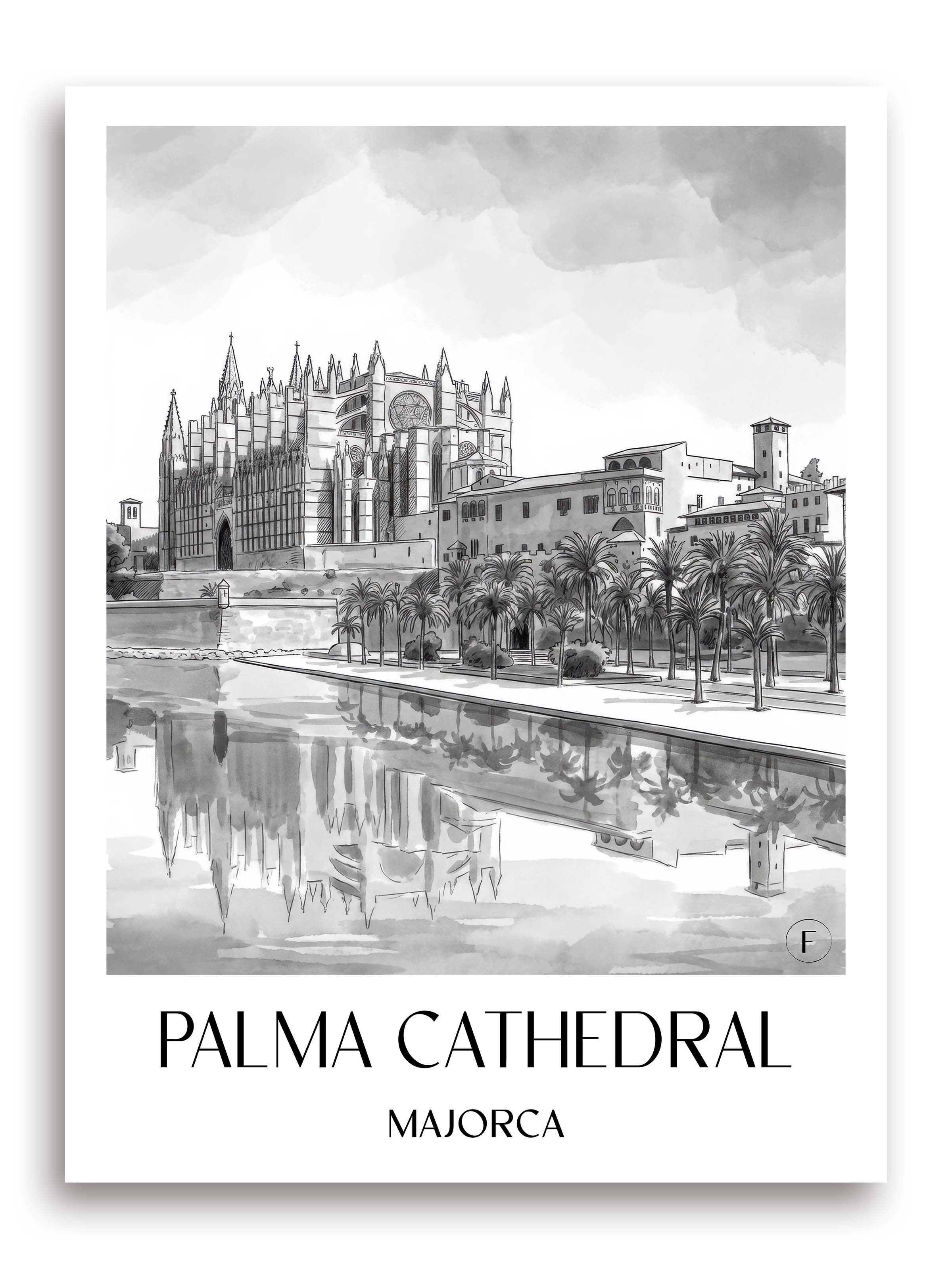 La Seu Poster - Mallorca - Spanien Kunstdruck - Aquarell Schwarz-Weiß von A4 bis A1 - favplace