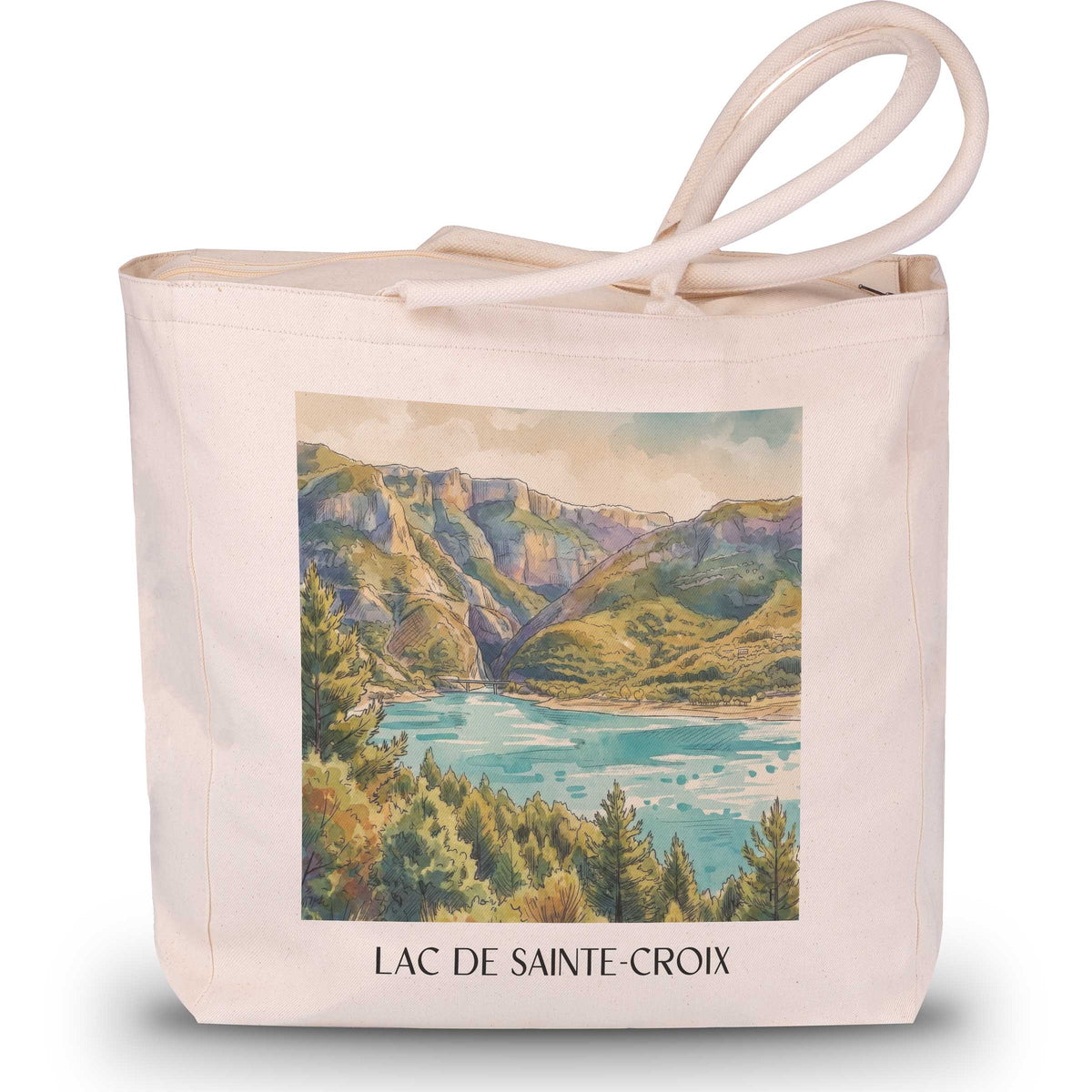 lac-de-sainte-croix-verdon-frankreich-einkaufstasche-aquarell