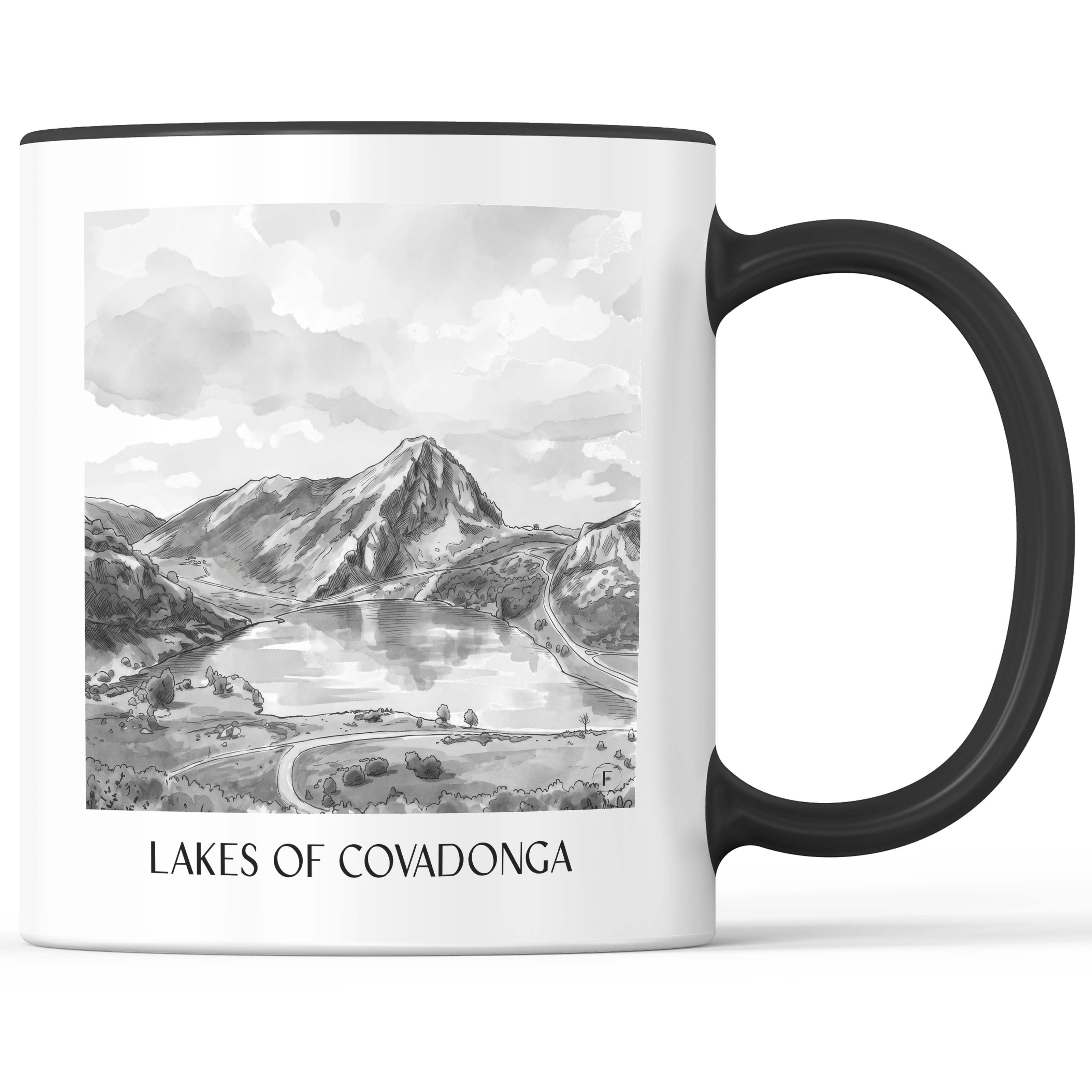 Lagos de Covadonga Kaffeebecher - Asturien - Spanien Becher - Kaffeetasse im Aquarell Schwarz-Weiß Stil - favplace