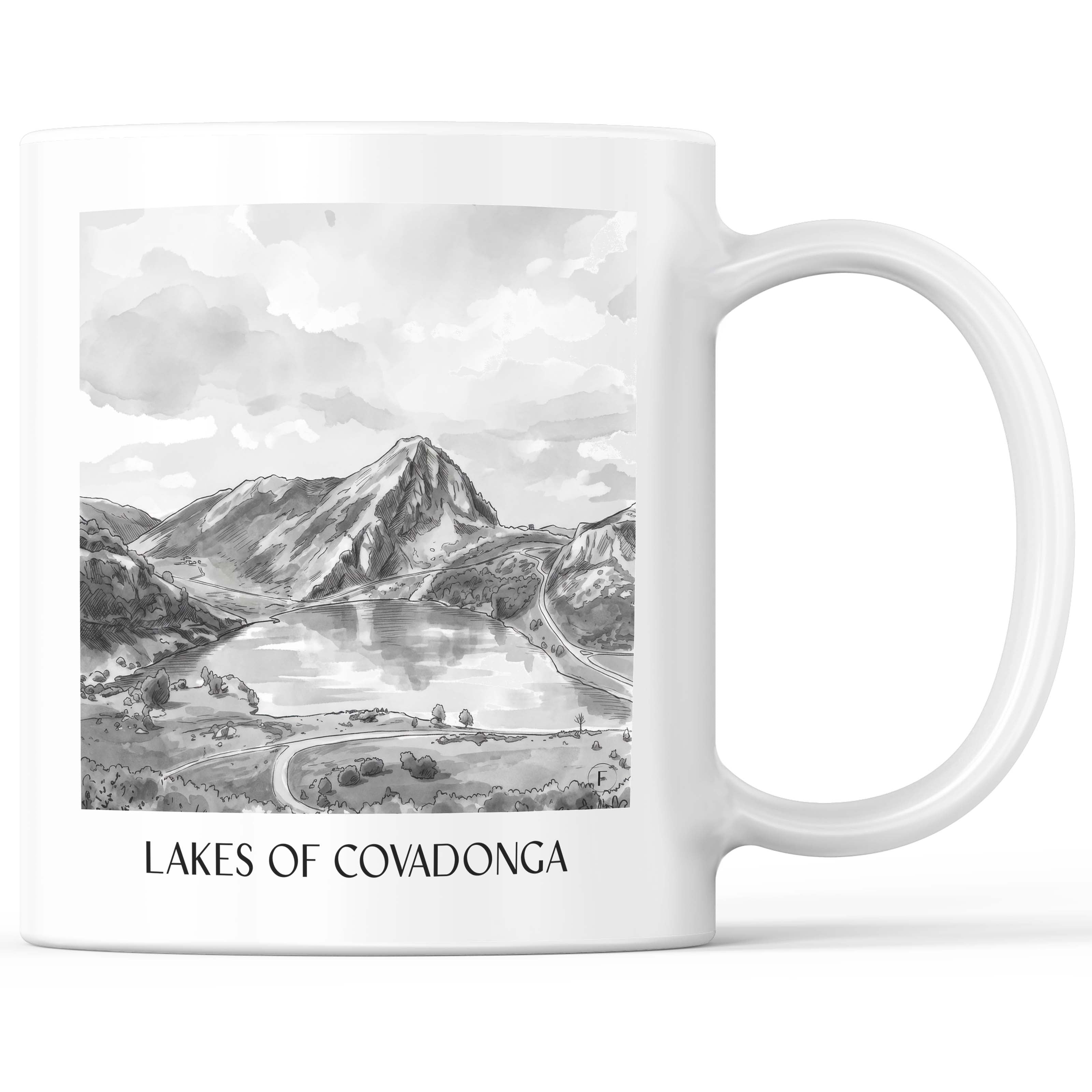 Lagos de Covadonga Kaffeebecher - Asturien - Spanien Becher - Kaffeetasse im Aquarell Schwarz-Weiß Stil - favplace