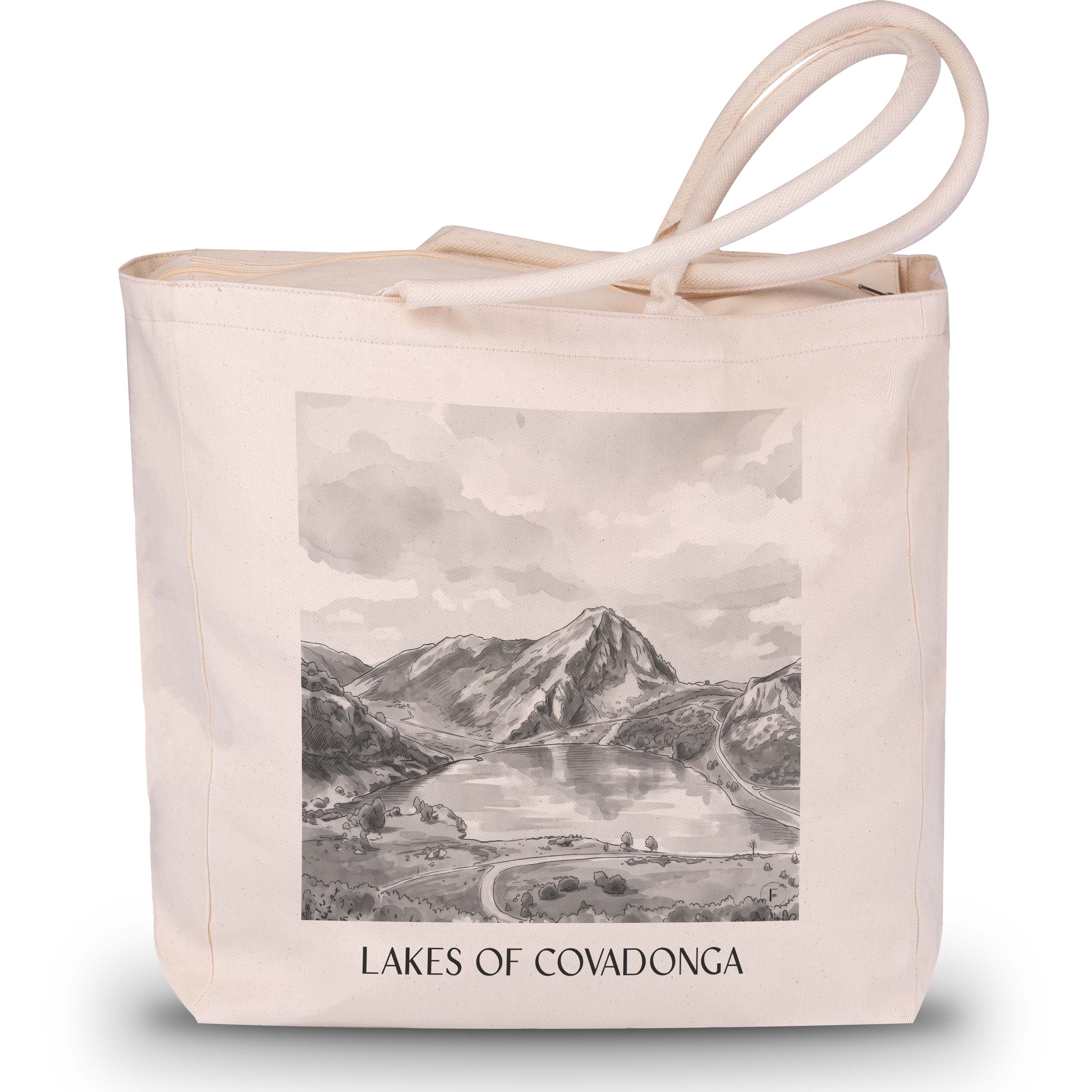 Lagos de Covadonga Shopping Tasche - Asturien - Spanien Tote Bag - Einkaufstasche im Aquarell Schwarz-Weiß Stil - favplace