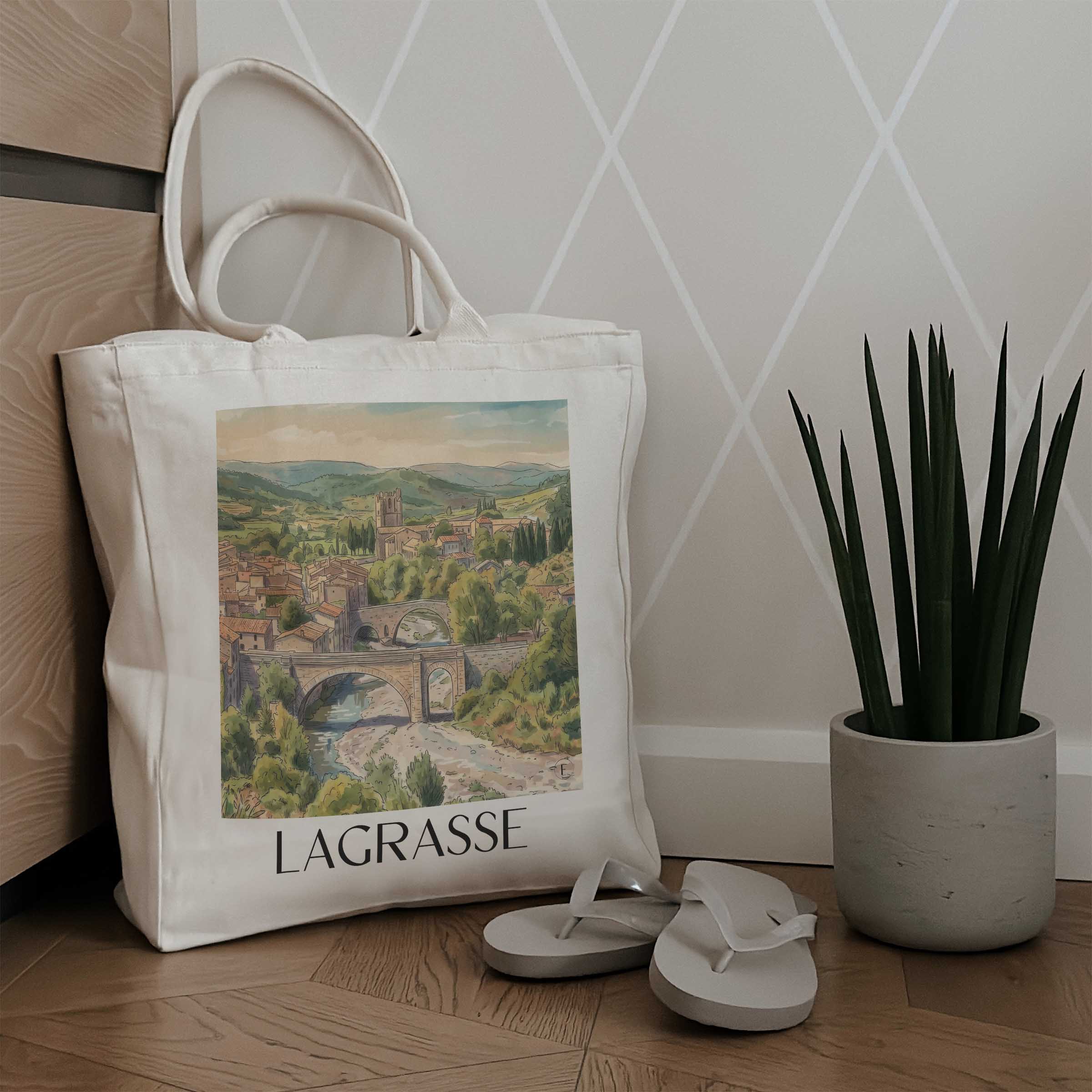 lagrasse--corbières-frankreich-einkaufstasche-aquarell
