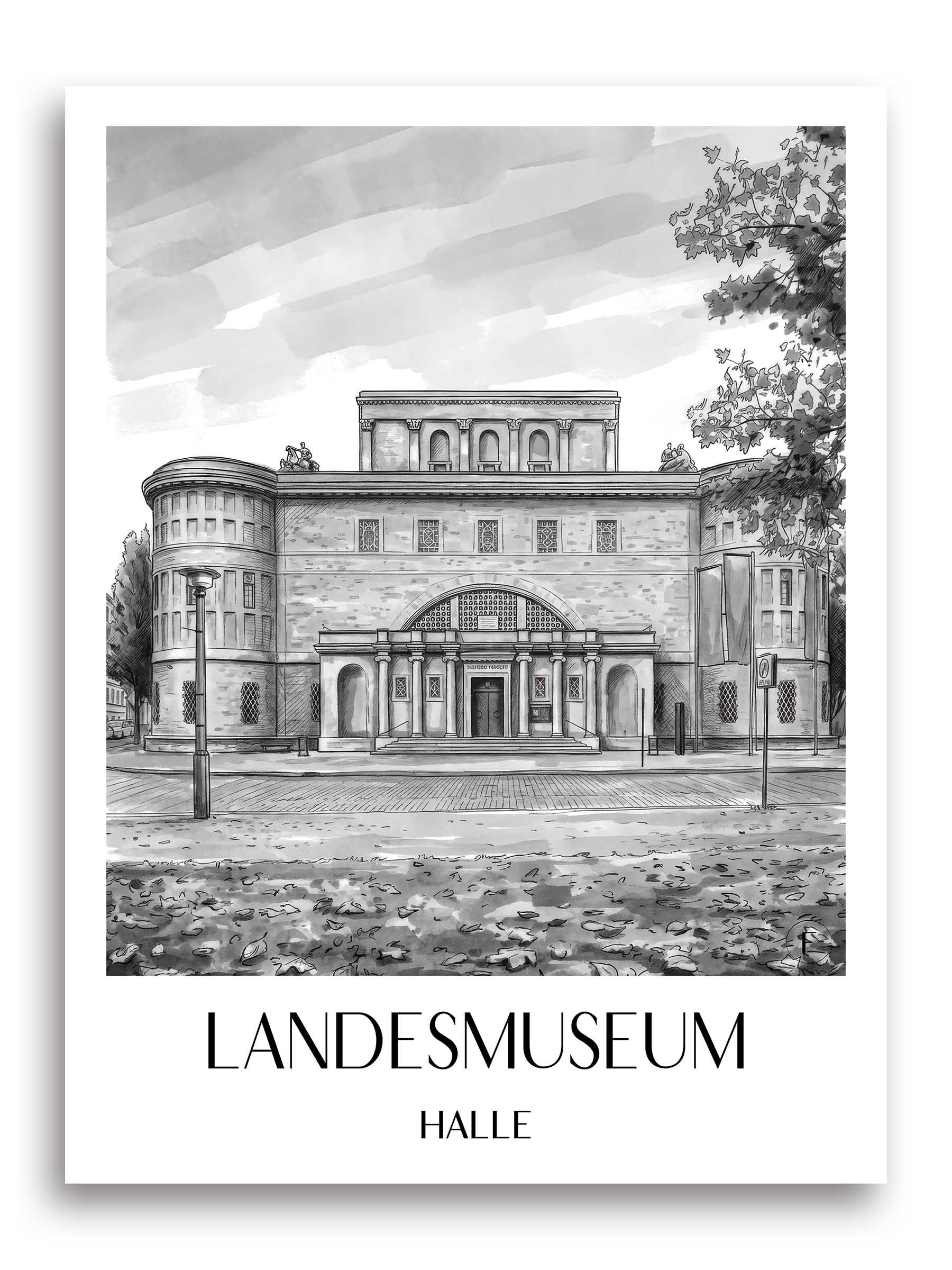 landesmuseum-halle-deutschland-poster-aquarell-schwarz-weiss