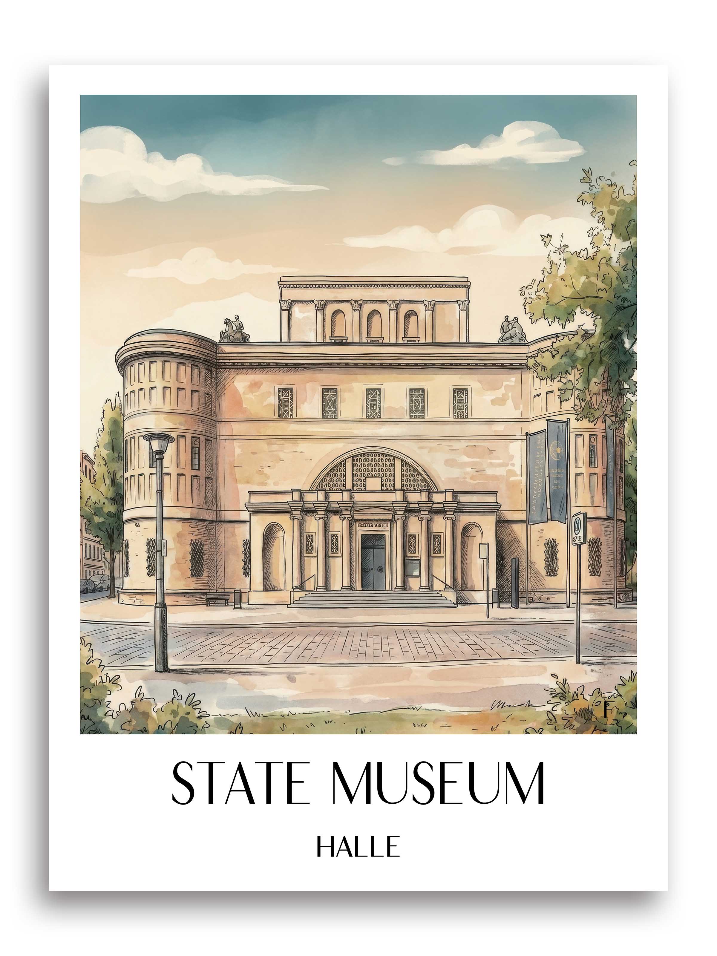 Landesmuseum Poster - Halle - Deutschland Kunstdruck - Aquarell von A4 bis A1 - favplace