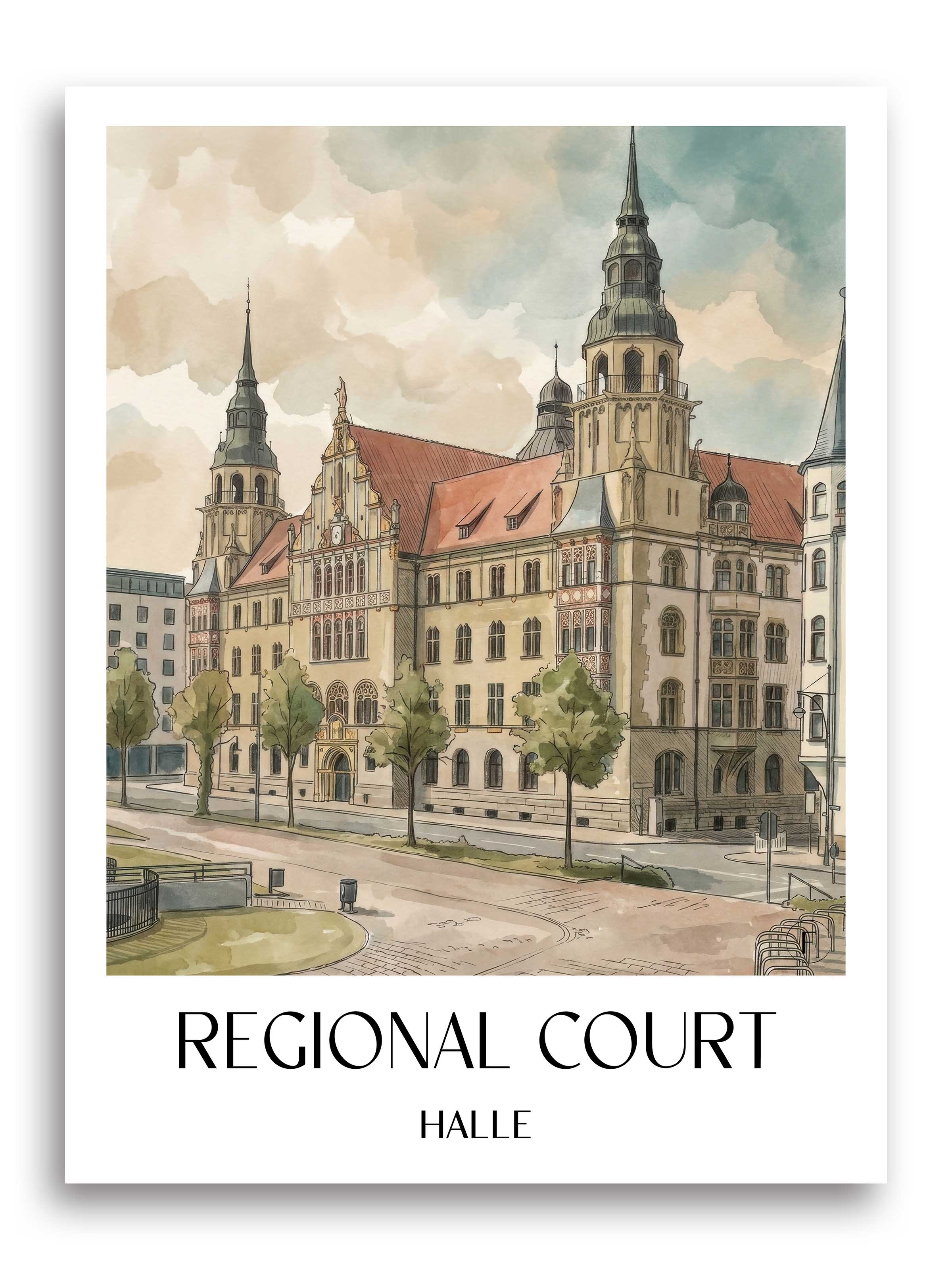 Landgericht Poster - Halle - Deutschland Kunstdruck - Aquarell von A4 bis A1 - favplace