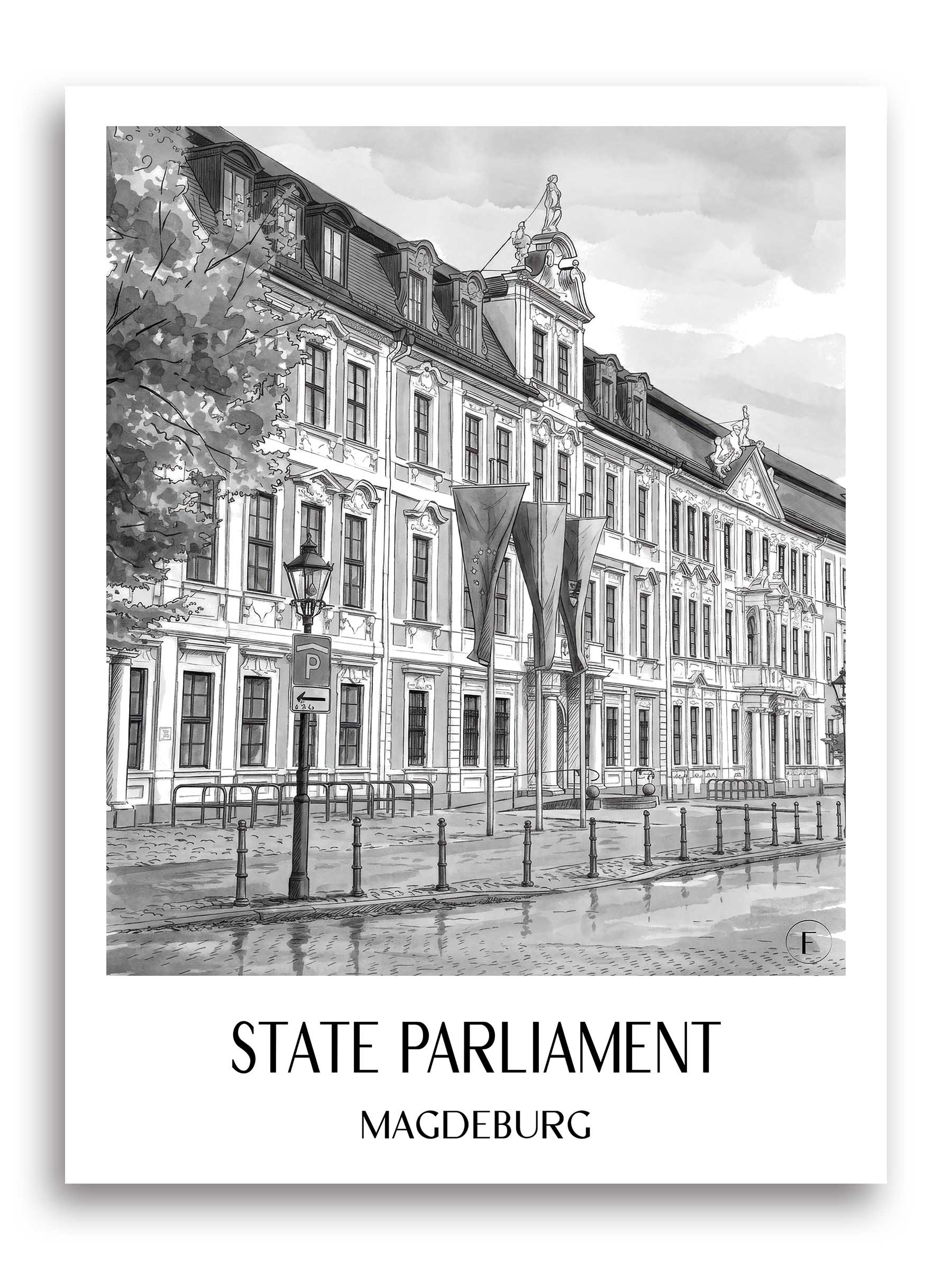 Landtag Poster - Magdeburg - Deutschland Kunstdruck - Aquarell Schwarz-Weiß von A4 bis A1 - favplace