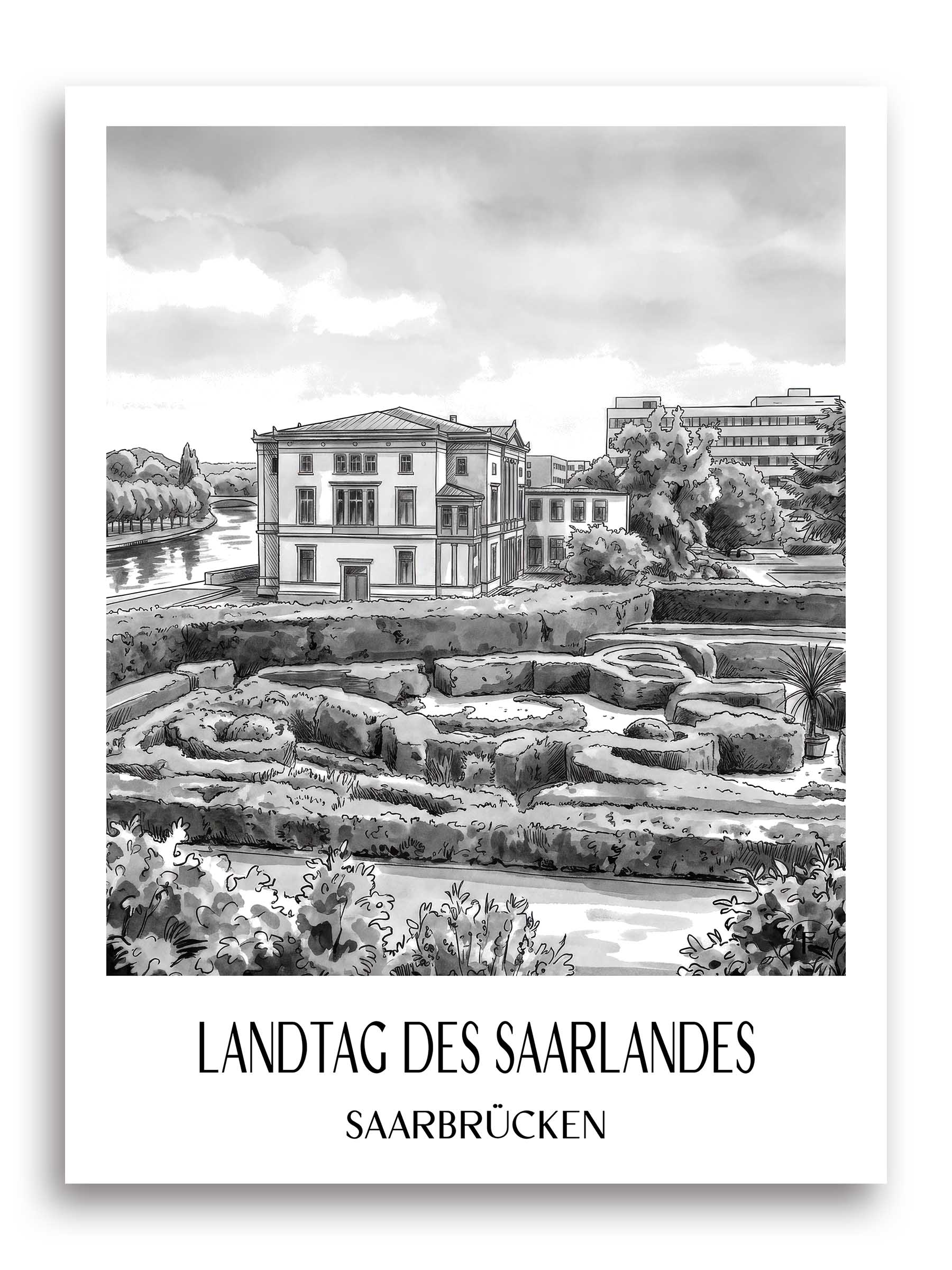 landtag-des-saarlandes-saarbrücken-deutschland-poster-aquarell-schwarz-weiss