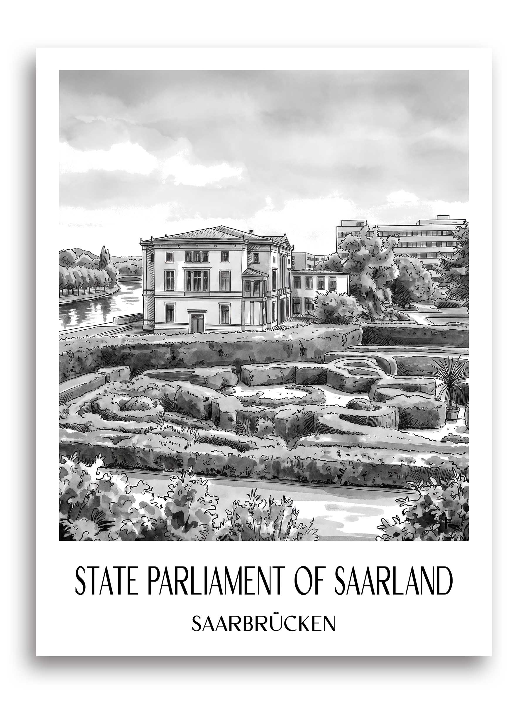 Landtag des Saarlandes Poster - Saarbrücken - Deutschland Kunstdruck - Aquarell Schwarz-Weiß von A4 bis A1