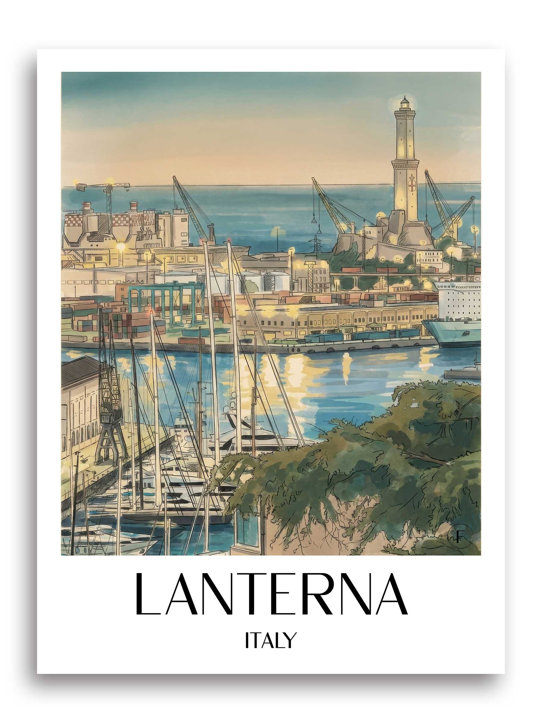 Lanterna Poster - Genua - Italien Kunstdruck - Aquarell von A4 bis A1 - favplace