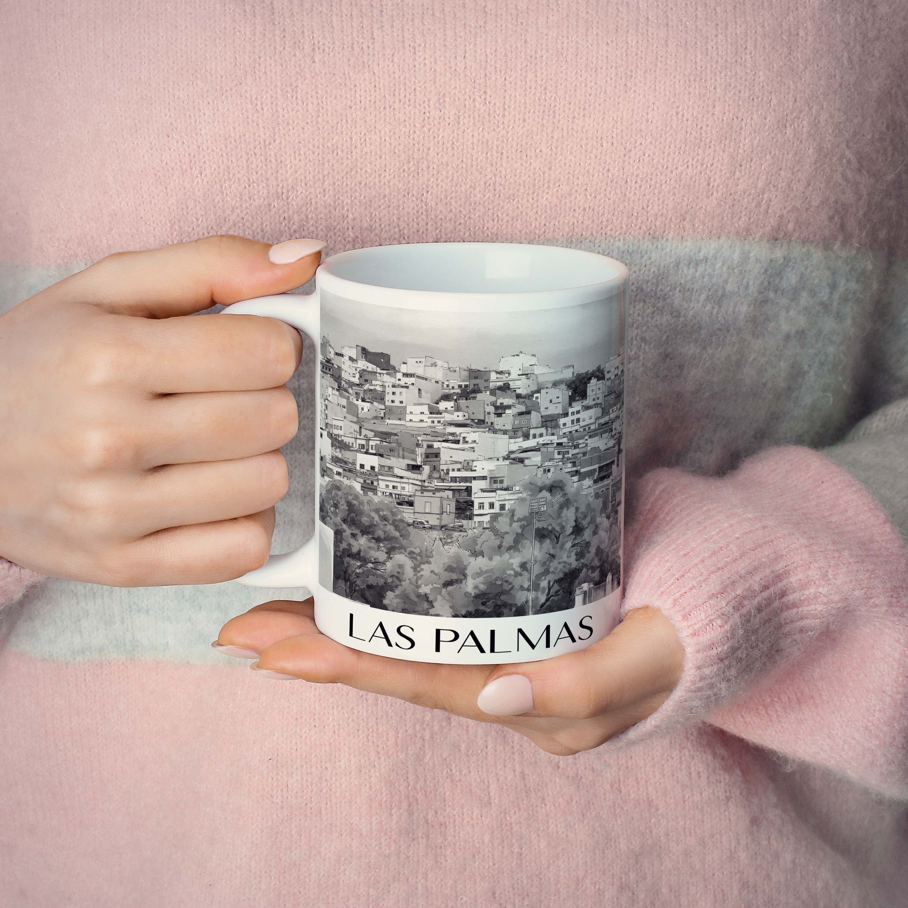las-palmas-gran-canaria-spanien-kaffeebecher-aquarell-schwarz-weiss
