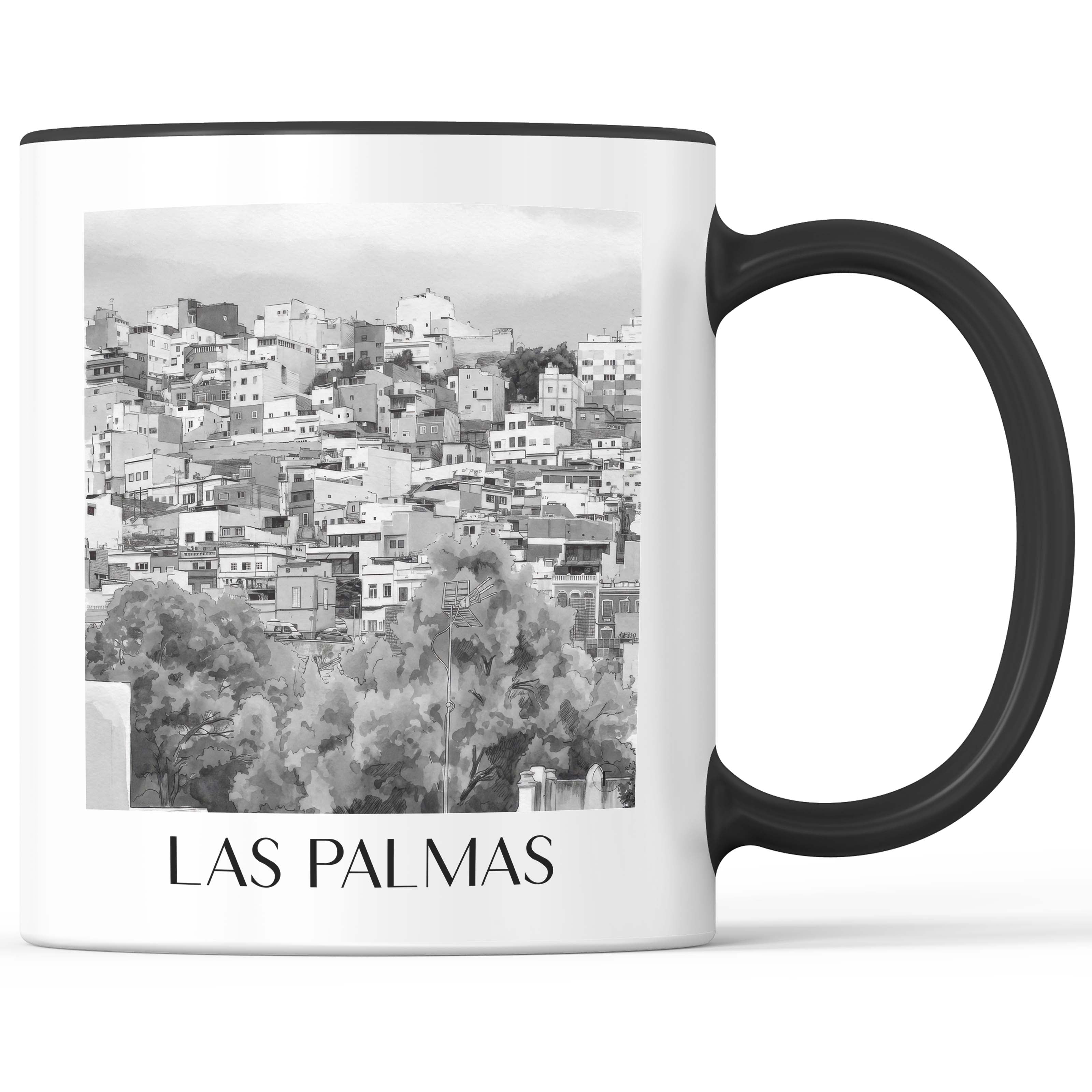Las Palmas Kaffeebecher - Gran Canaria - Spanien Becher - Kaffeetasse im Aquarell Schwarz-Weiß Stil - favplace