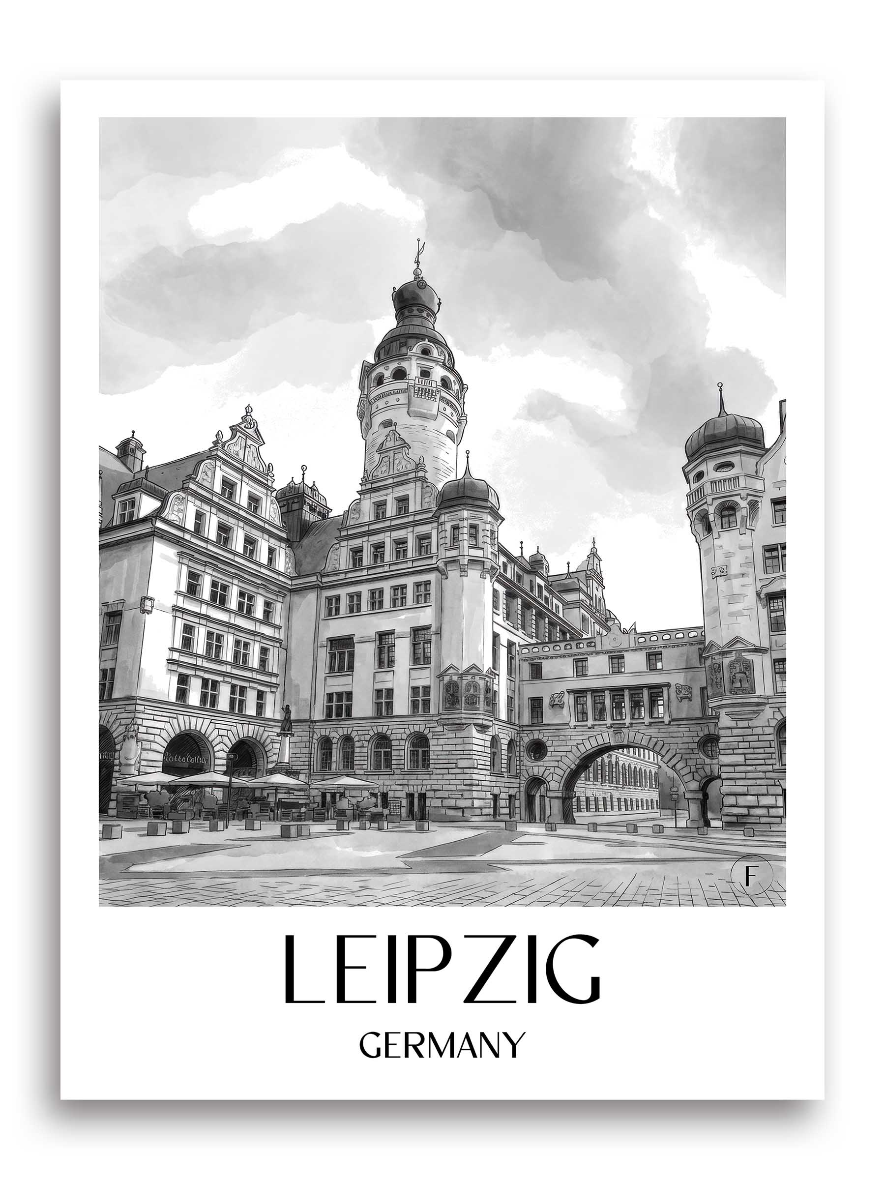 Leipzig Poster - - Deutschland Kunstdruck - Aquarell Schwarz-Weiß von A4 bis A1 - favplace