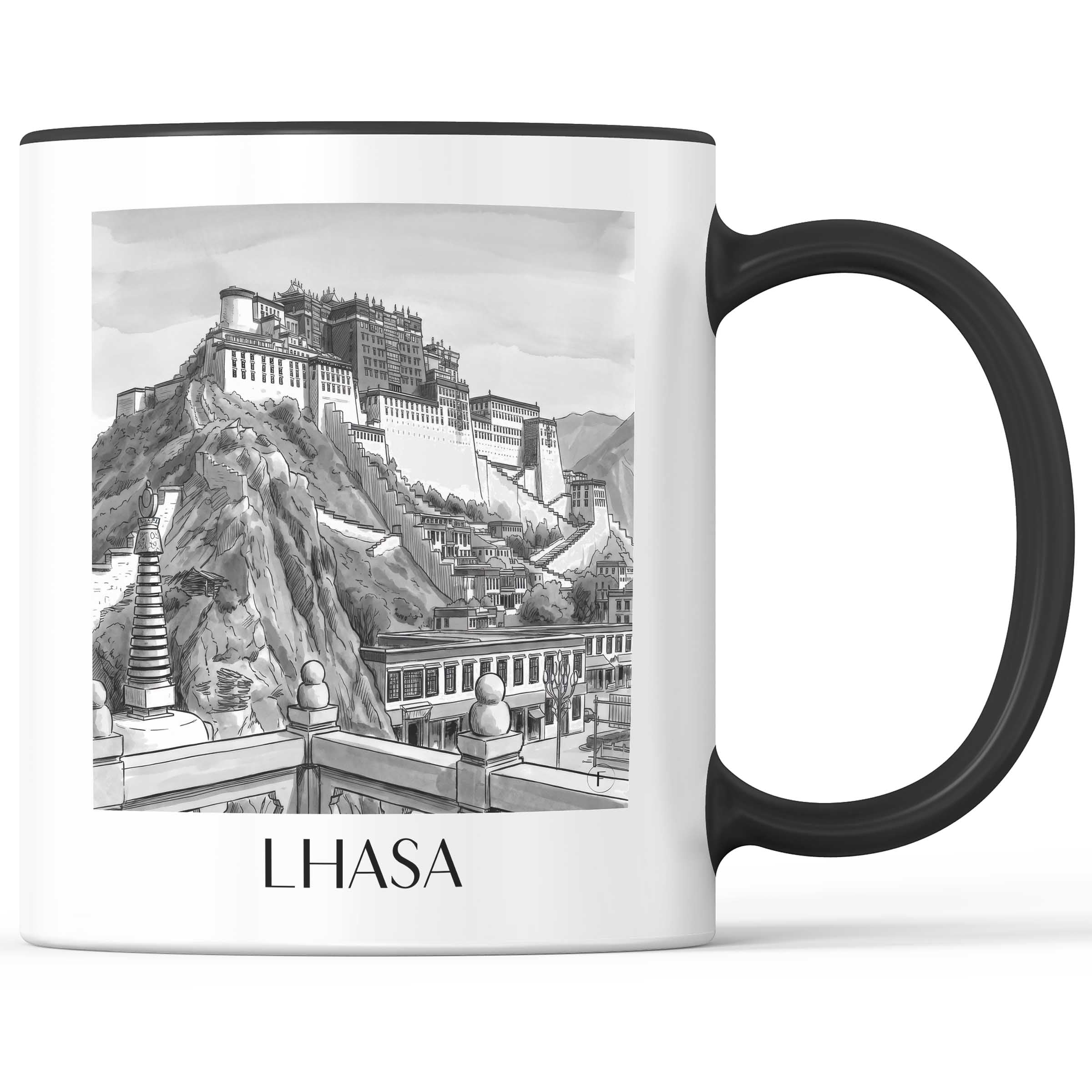 Lhasa - China Becher - Kaffeetasse im Aquarell Schwarz-Weiß Stil - favplace
