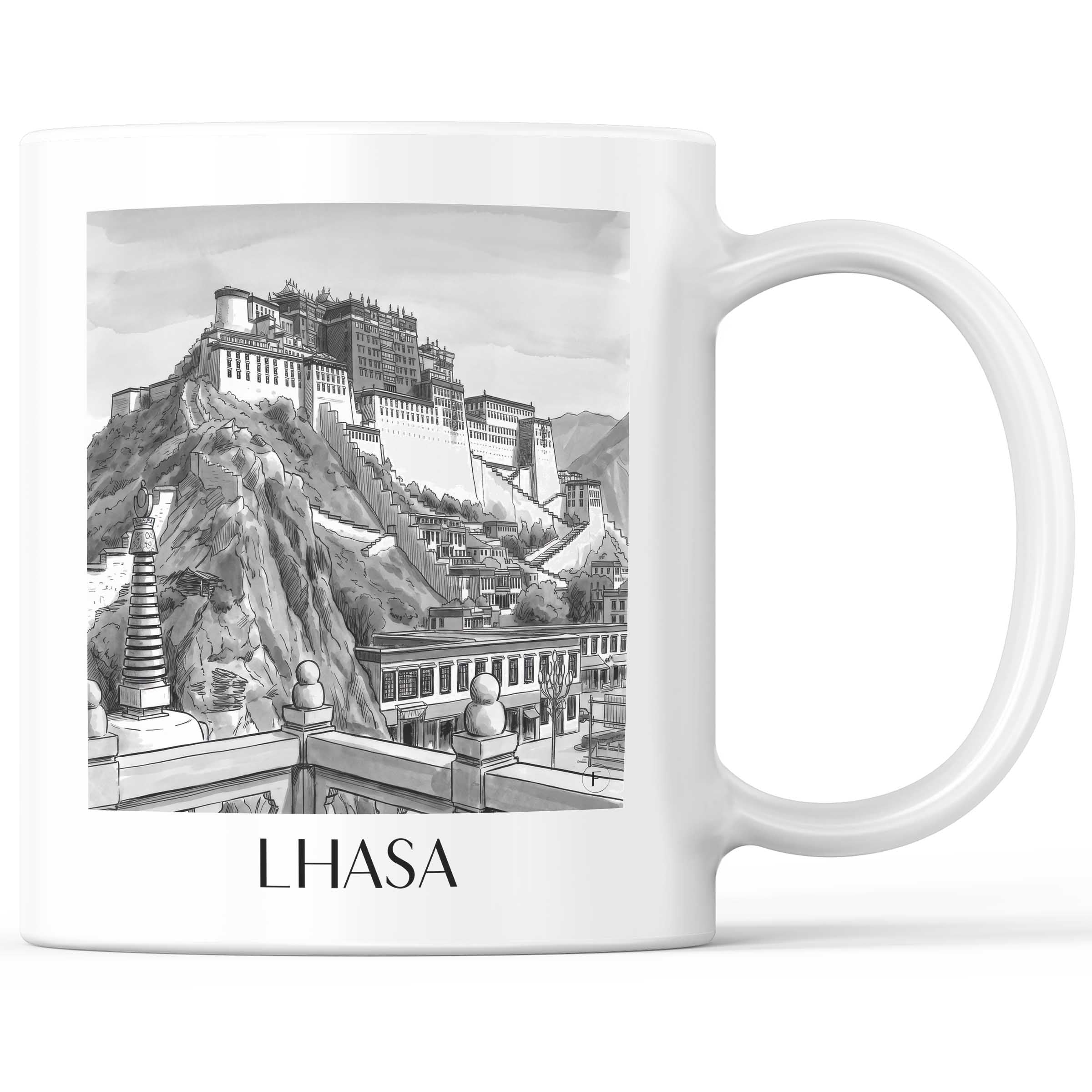 Lhasa - China Becher - Kaffeetasse im Aquarell Schwarz-Weiß Stil - favplace