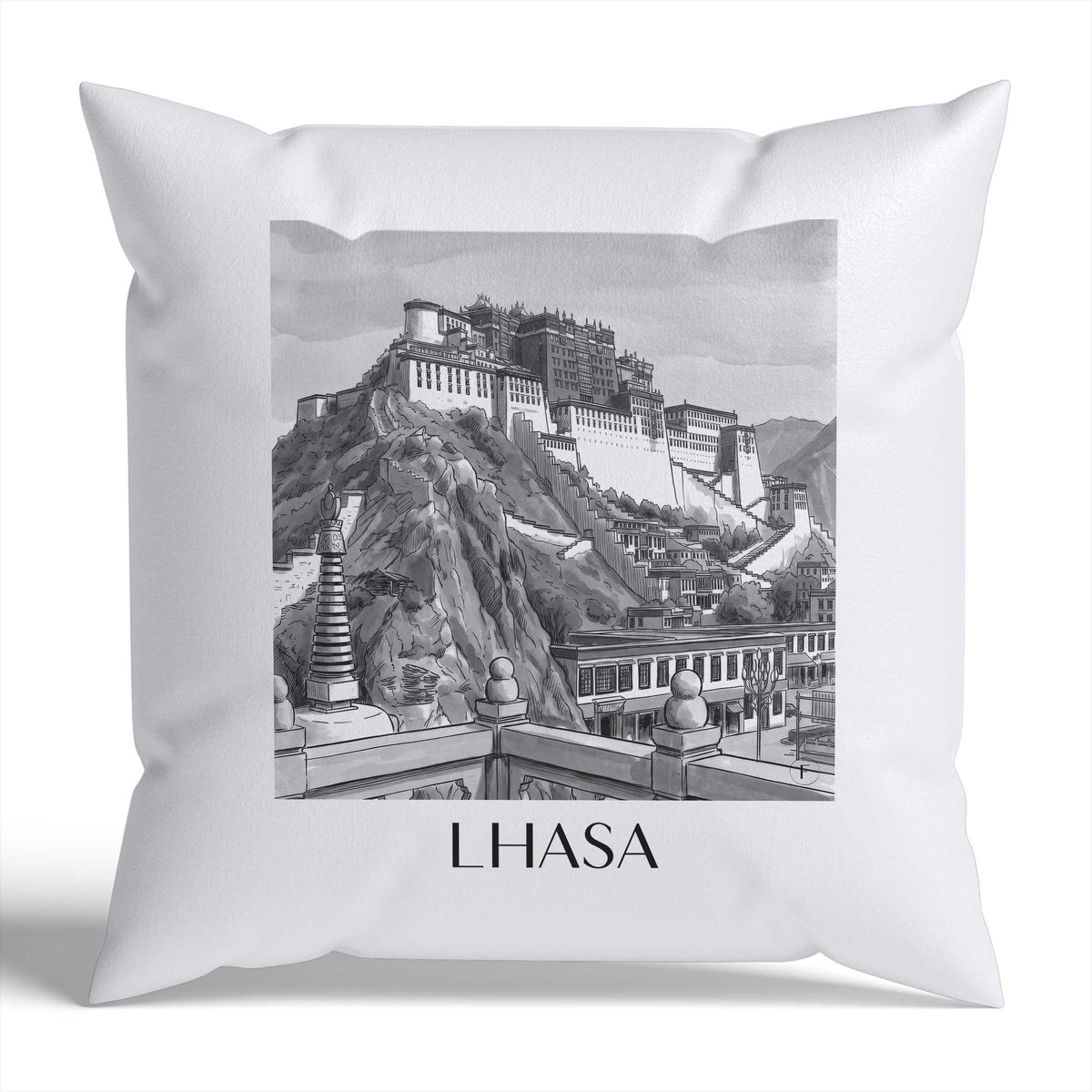 Lhasa Kissenhülle - Zierkissen Bezug - China - China Kissen bzw. Kissenbezug im Aquarell Schwarz-Weiß Stil - favplace