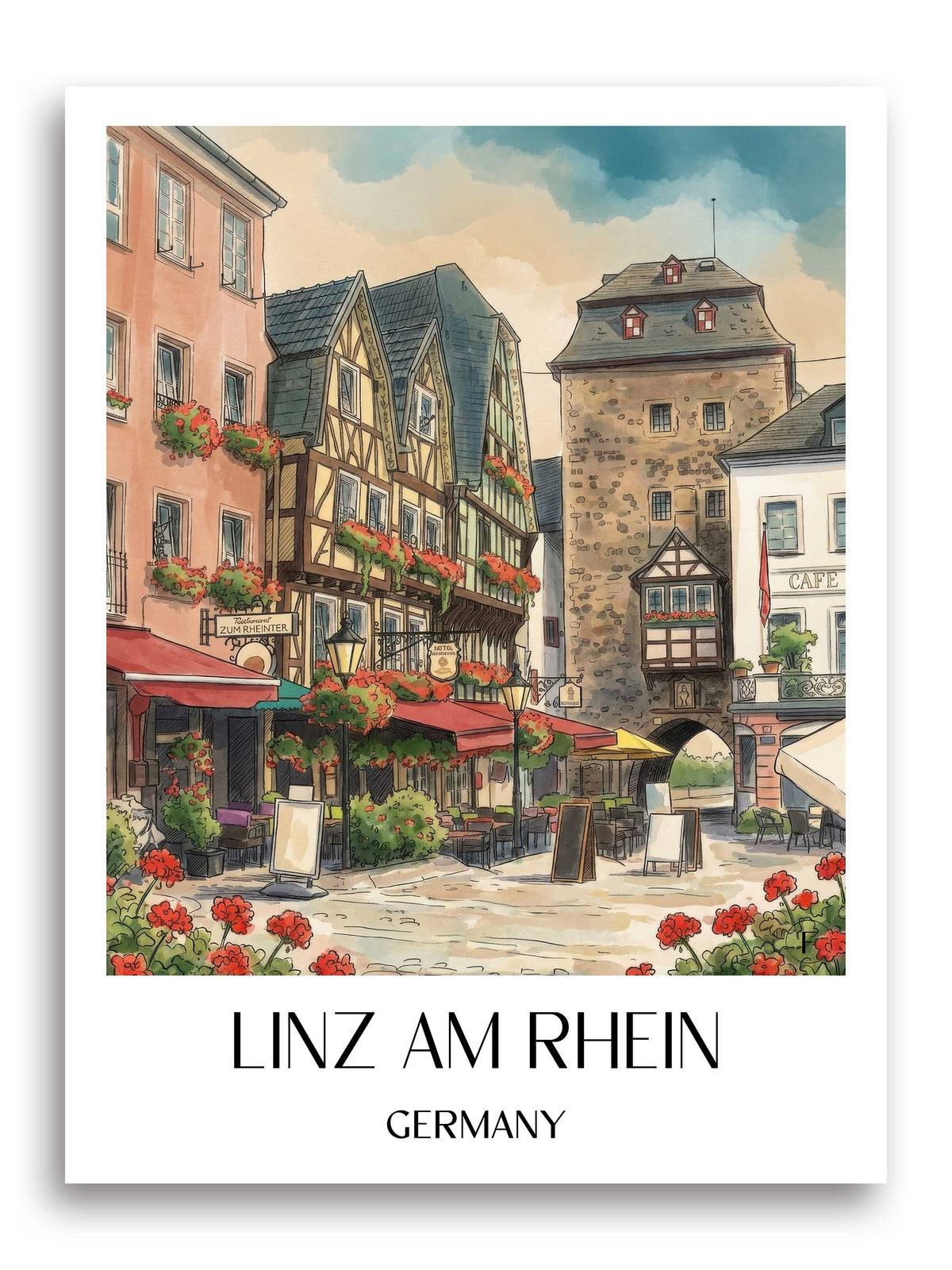 Linz am Rhein Poster - Mittelrhein - Deutschland Kunstdruck - Aquarell von A4 bis A1 - favplace