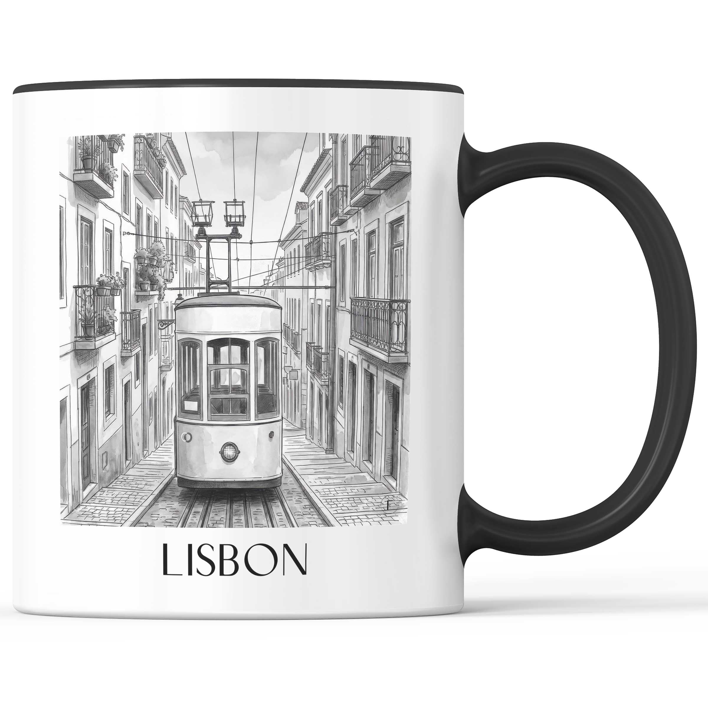 Lissabon - Portugal Becher - Kaffeetasse im Aquarell Schwarz-Weiß Stil - favplace