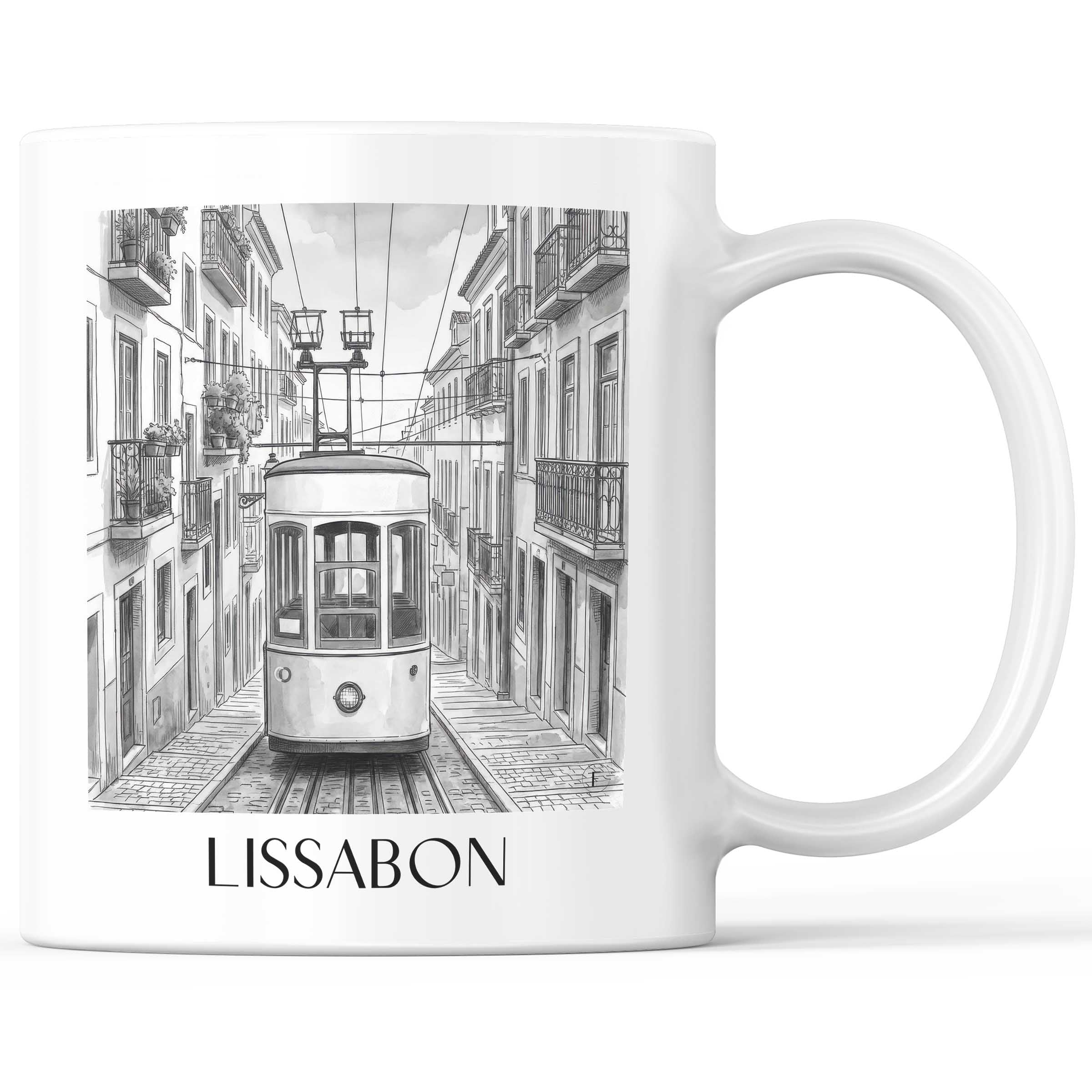 Lissabon - Portugal Becher - Kaffeetasse im Aquarell Schwarz-Weiß Stil - favplace