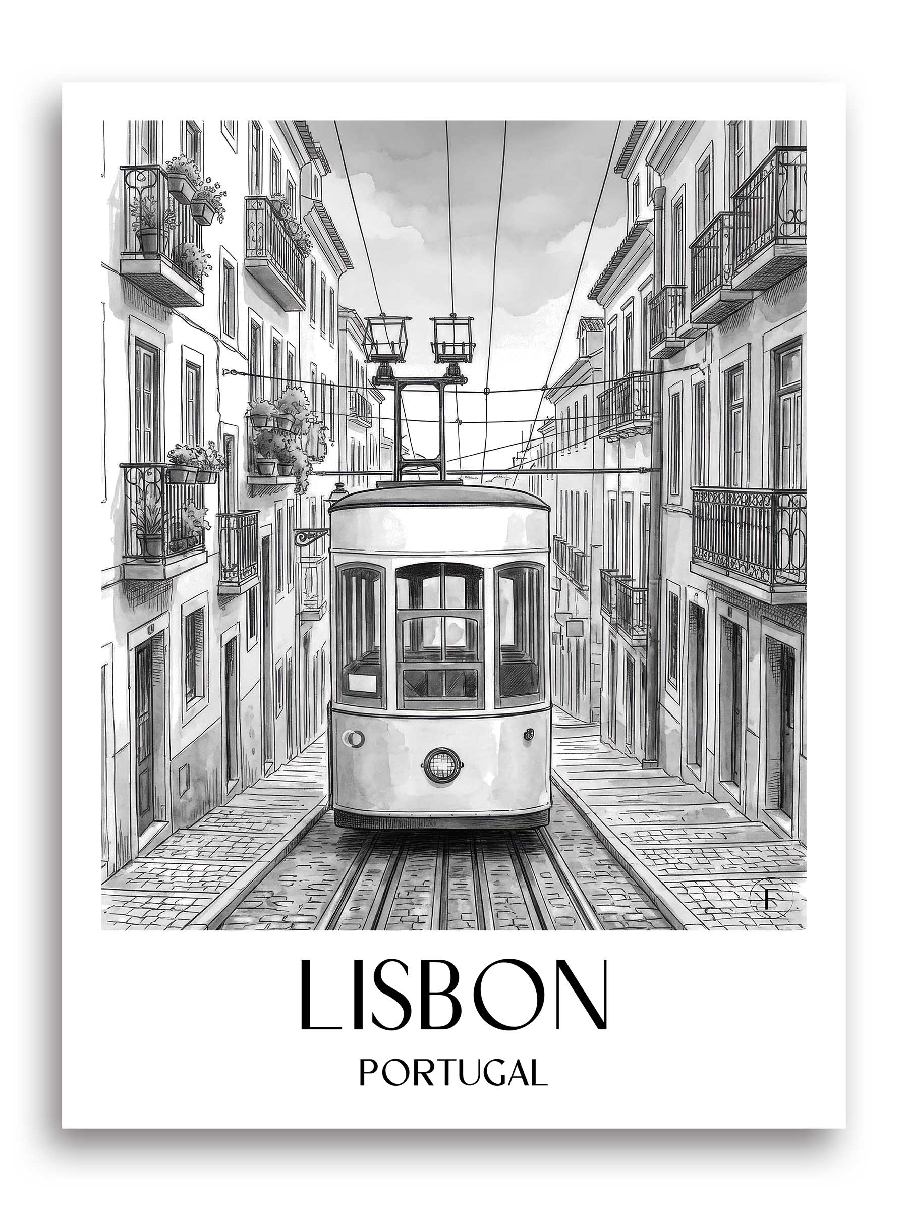 Lissabon Poster - - Portugal Kunstdruck - Aquarell Schwarz-Weiß von A4 bis A1 - favplace