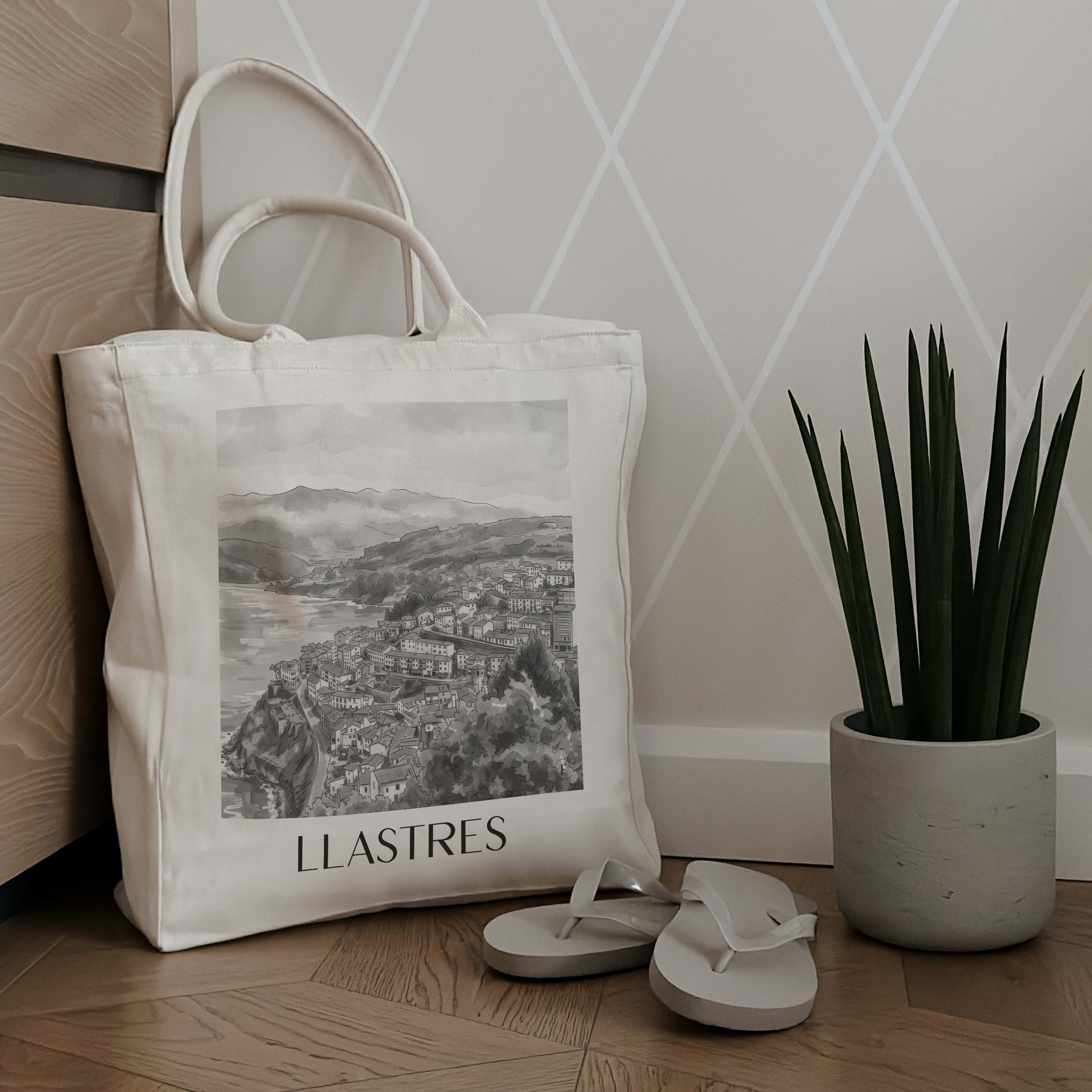 llastres-spanien-spanien-einkaufstasche-aquarell-schwarz-weiss