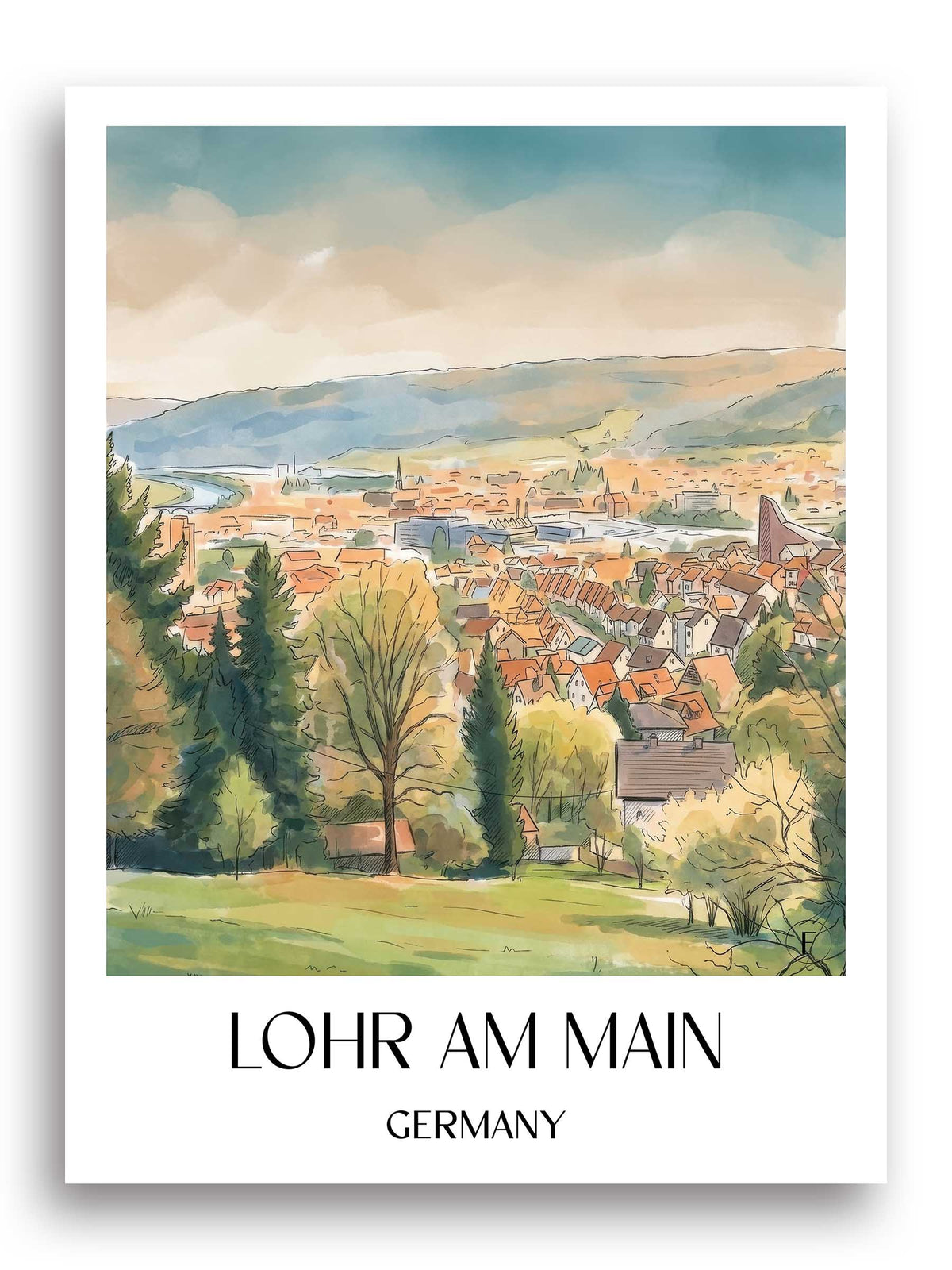 Lohr am Main Poster - Unterfranken - Deutschland Kunstdruck - Aquarell von A4 bis A1 - favplace