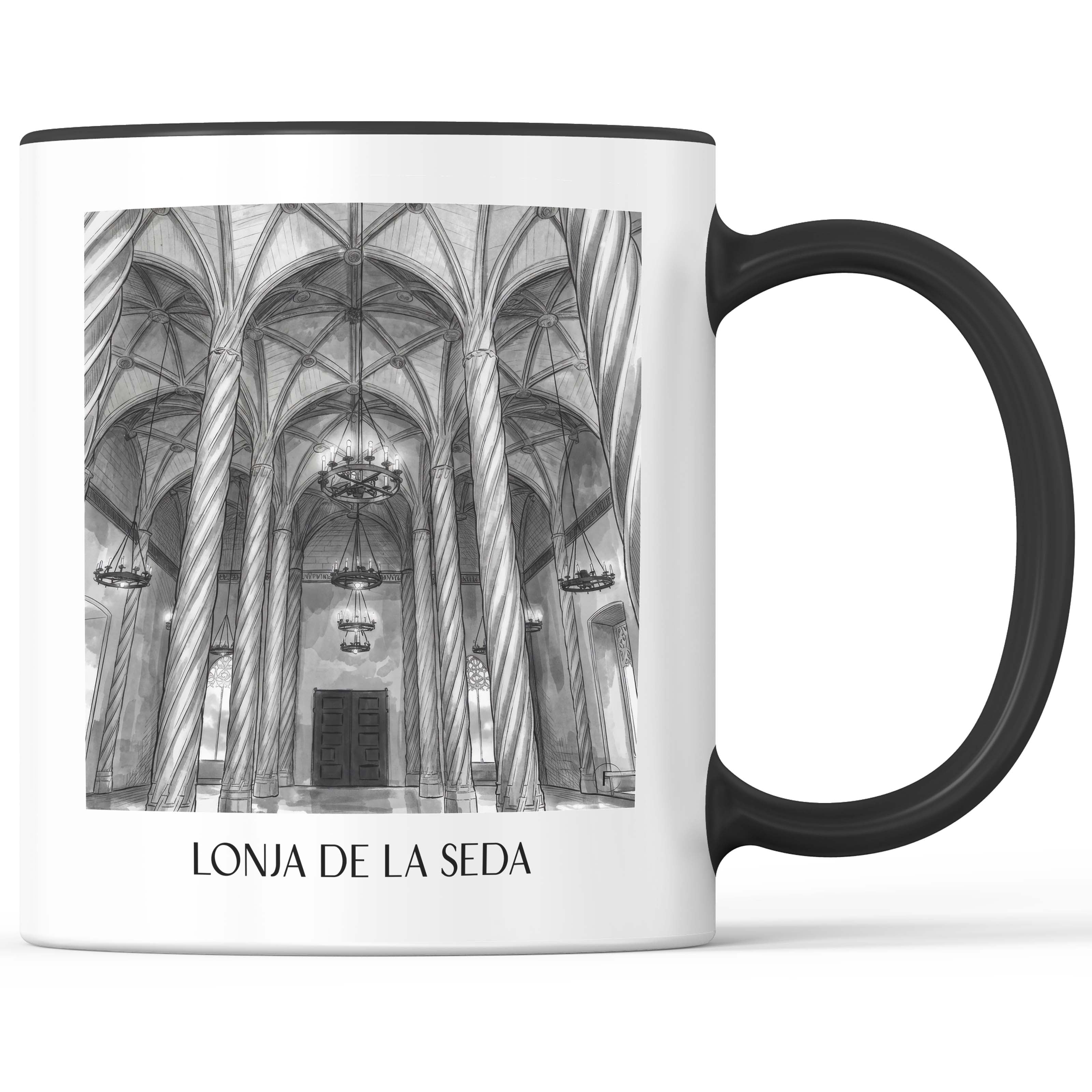 lonja-de-la-seda-valencia-spanien-kaffeebecher-aquarell-schwarz-weiss