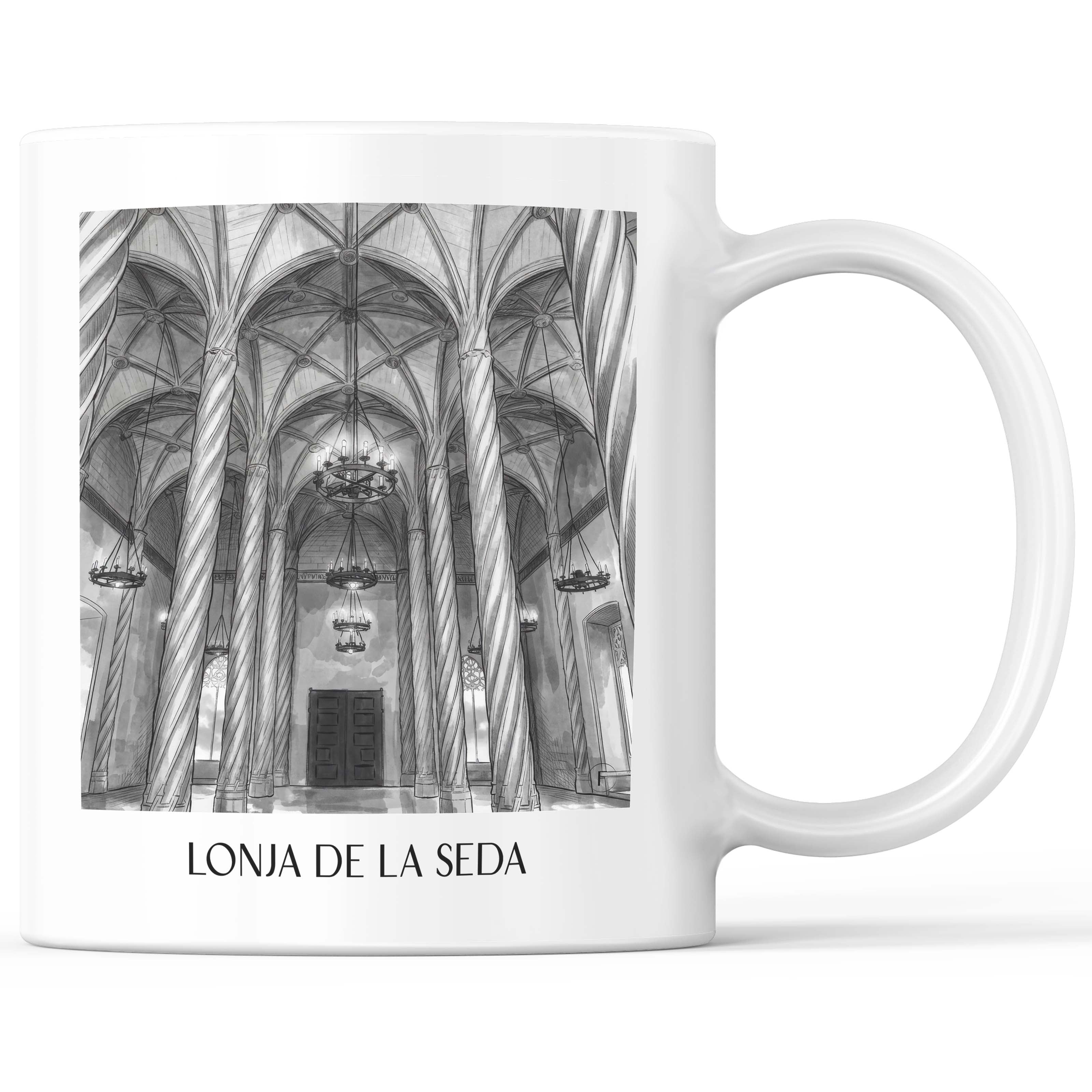 Lonja de la Seda Kaffeebecher - Valencia - Spanien Becher - Kaffeetasse im Aquarell Schwarz-Weiß Stil - favplace