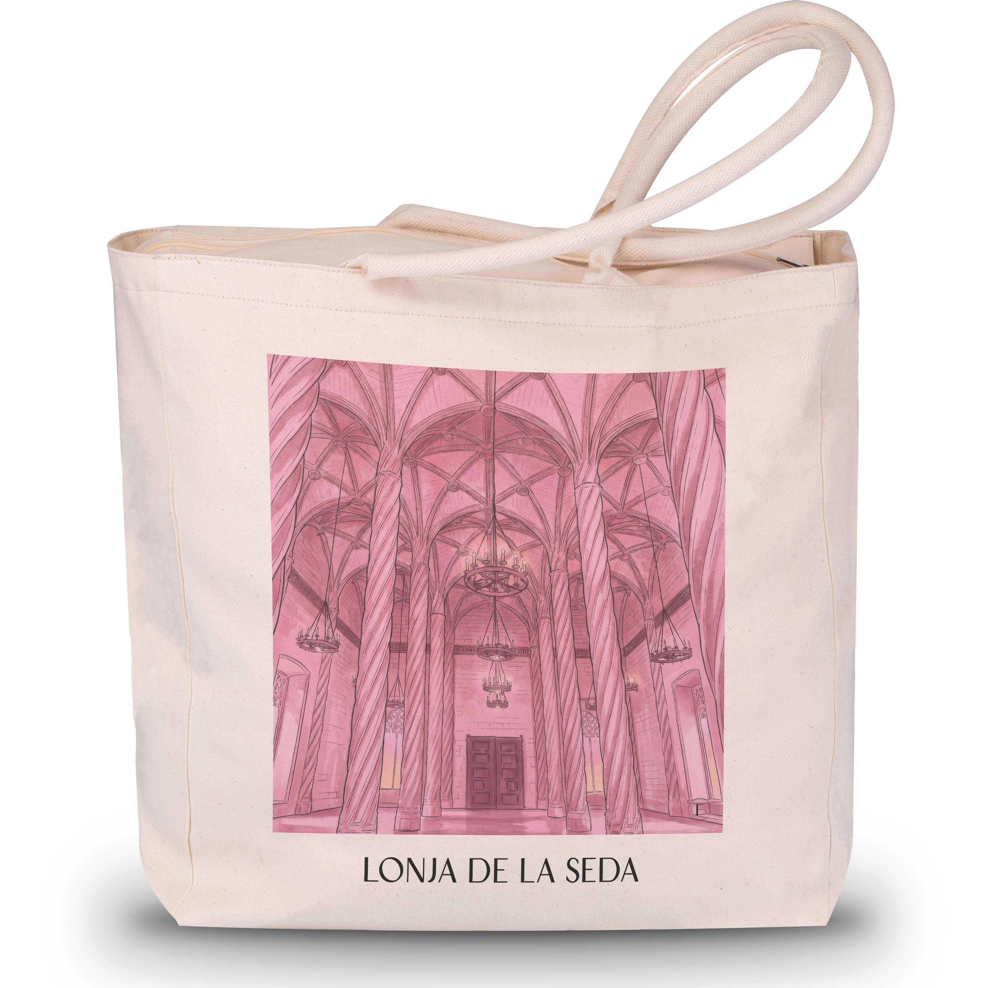 lonja-de-la-seda-valencia-spanien-einkaufstasche-aquarell-pink-rosa