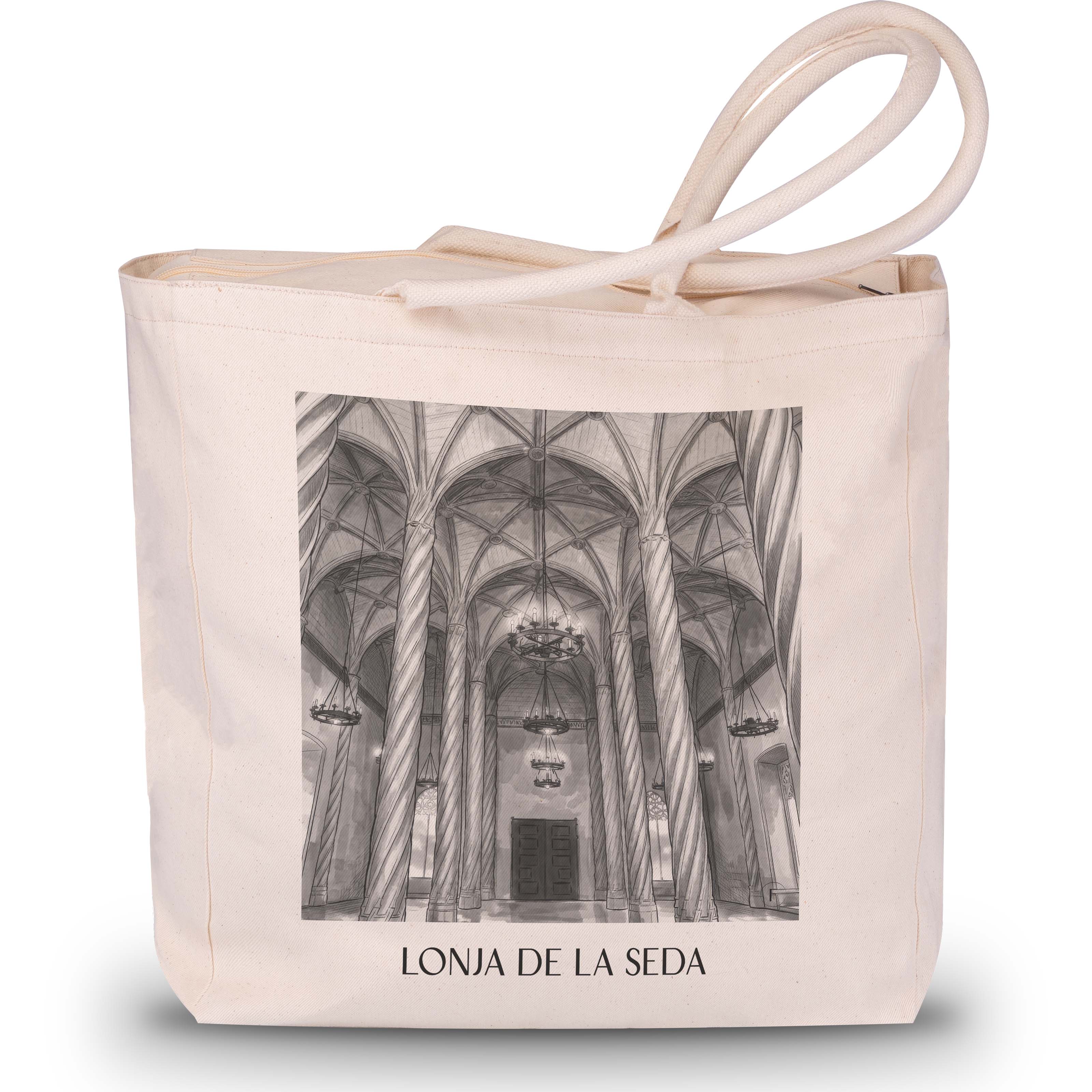 lonja-de-la-seda-valencia-spanien-einkaufstasche-aquarell-schwarz-weiss