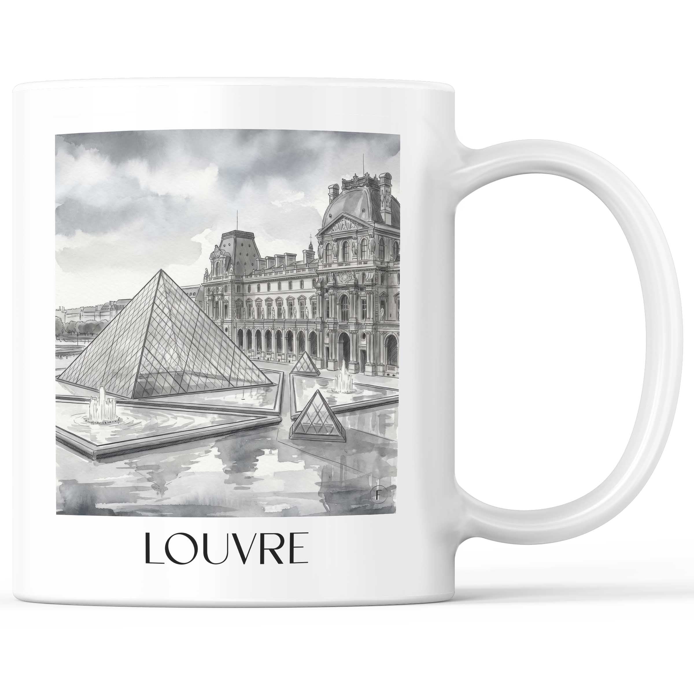 Louvre Kaffeebecher - Paris - Frankreich Becher - Kaffeetasse im Aquarell Schwarz-Weiß Stil - favplace