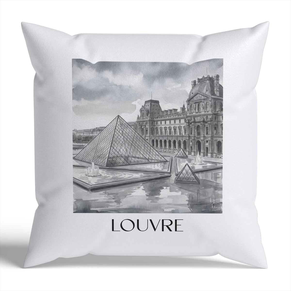 Louvre Kissenhülle - Zierkissen Bezug - Paris - Frankreich Kissen bzw. Kissenbezug im Aquarell Schwarz-Weiß Stil - favplace