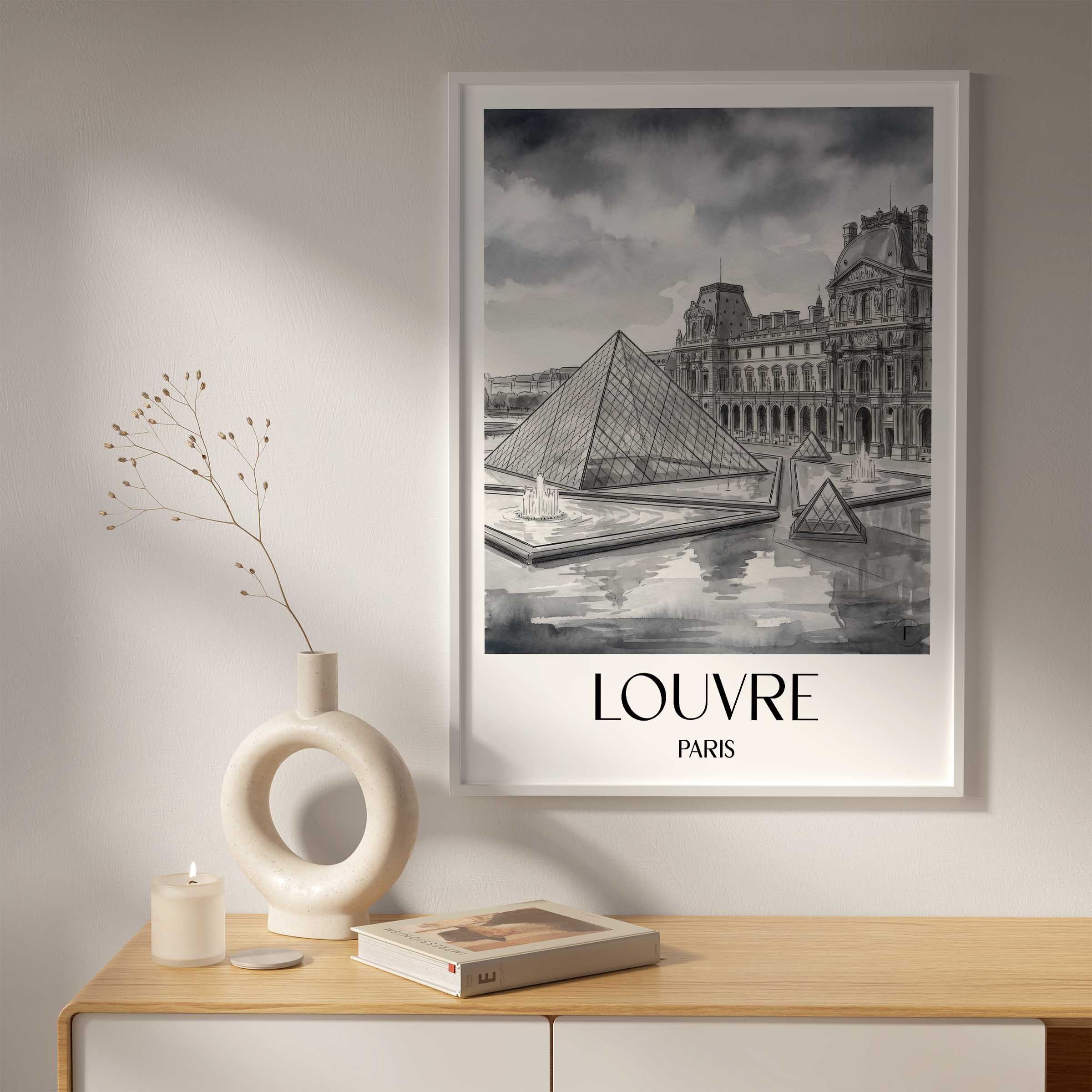 louvre-paris-frankreich-poster-aquarell-schwarz-weiss