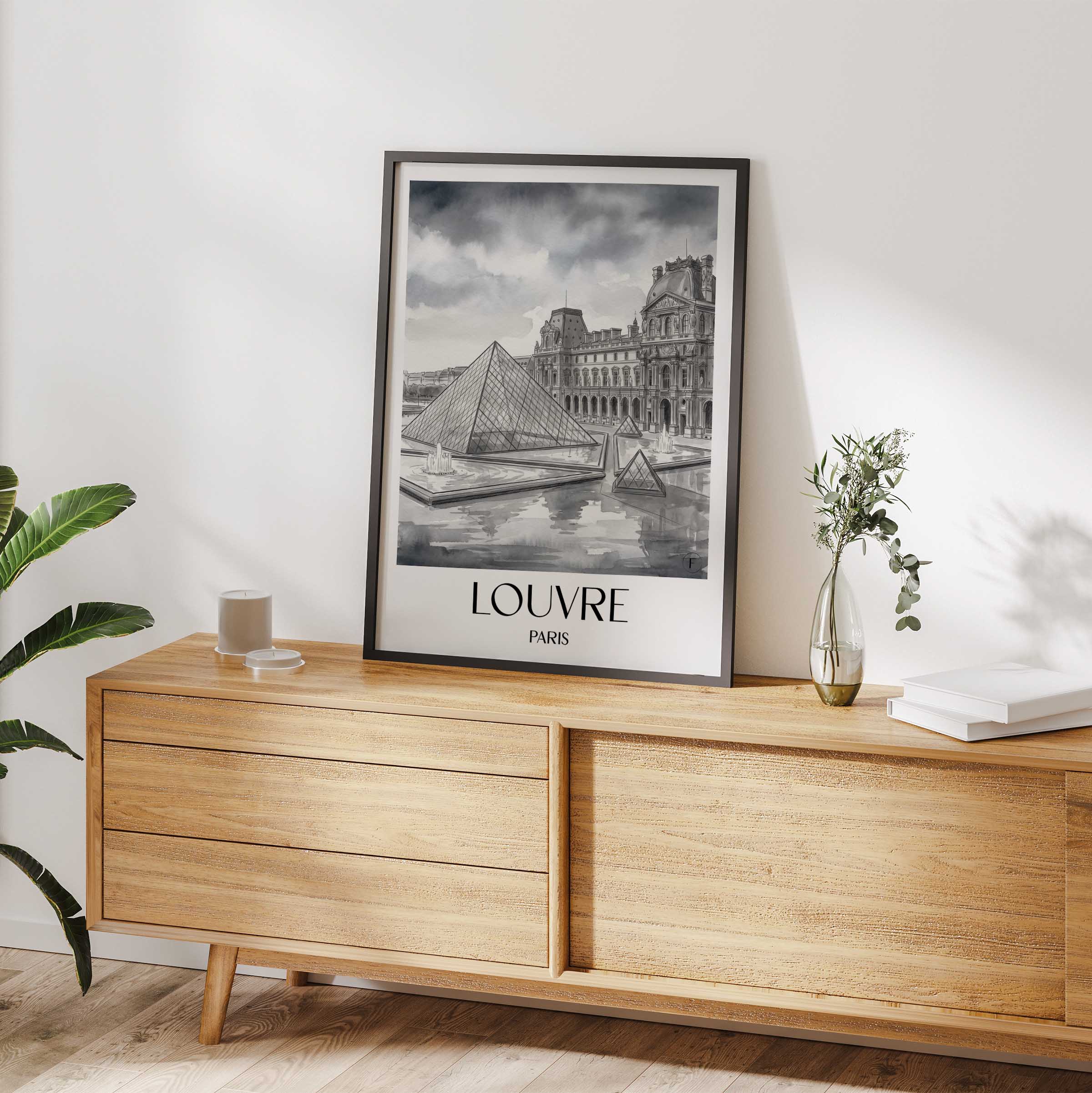 louvre-paris-frankreich-poster-aquarell-schwarz-weiss