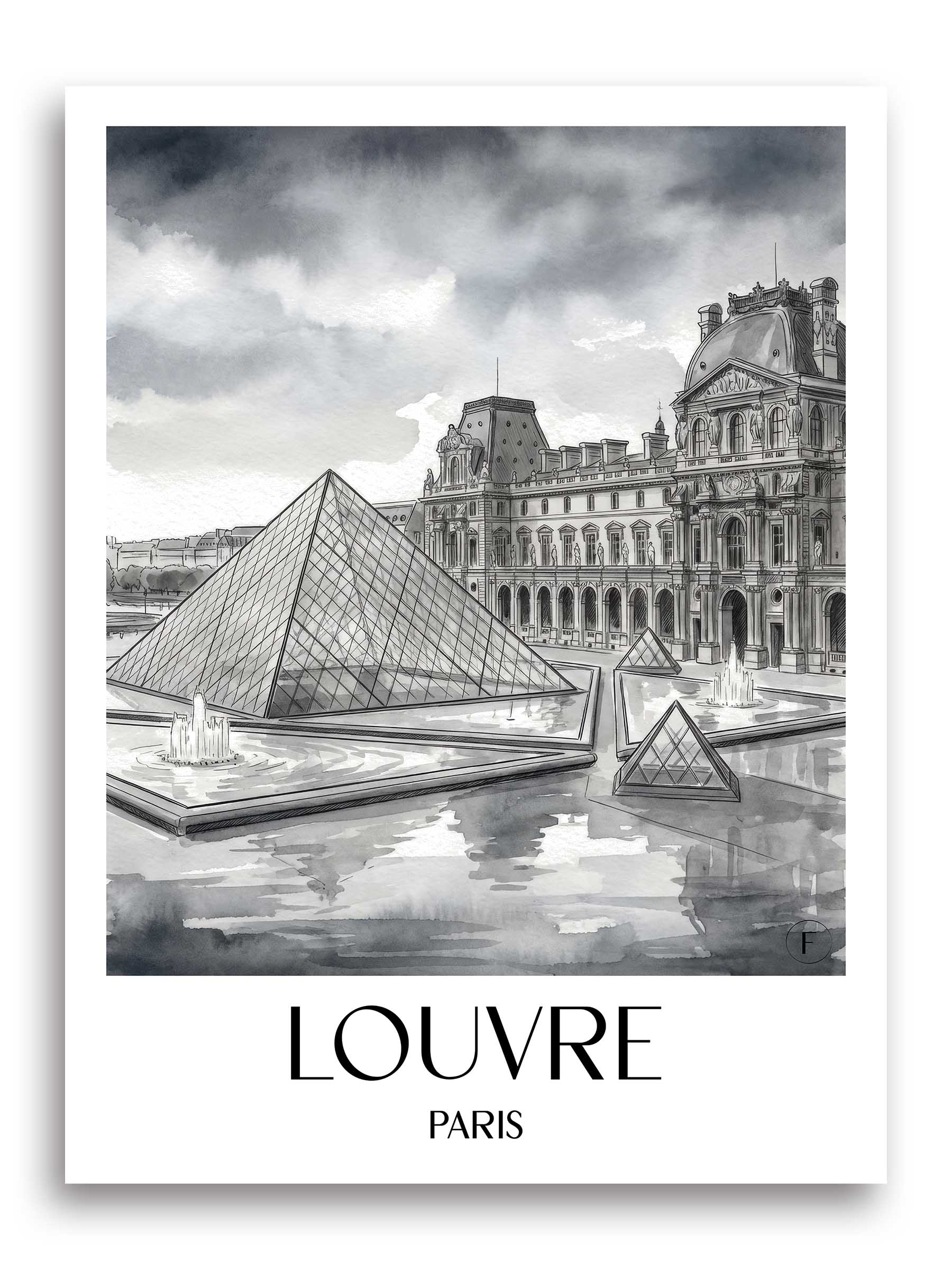 Louvre Poster - Paris - Frankreich Kunstdruck - Aquarell Schwarz-Weiß von A4 bis A1 - favplace