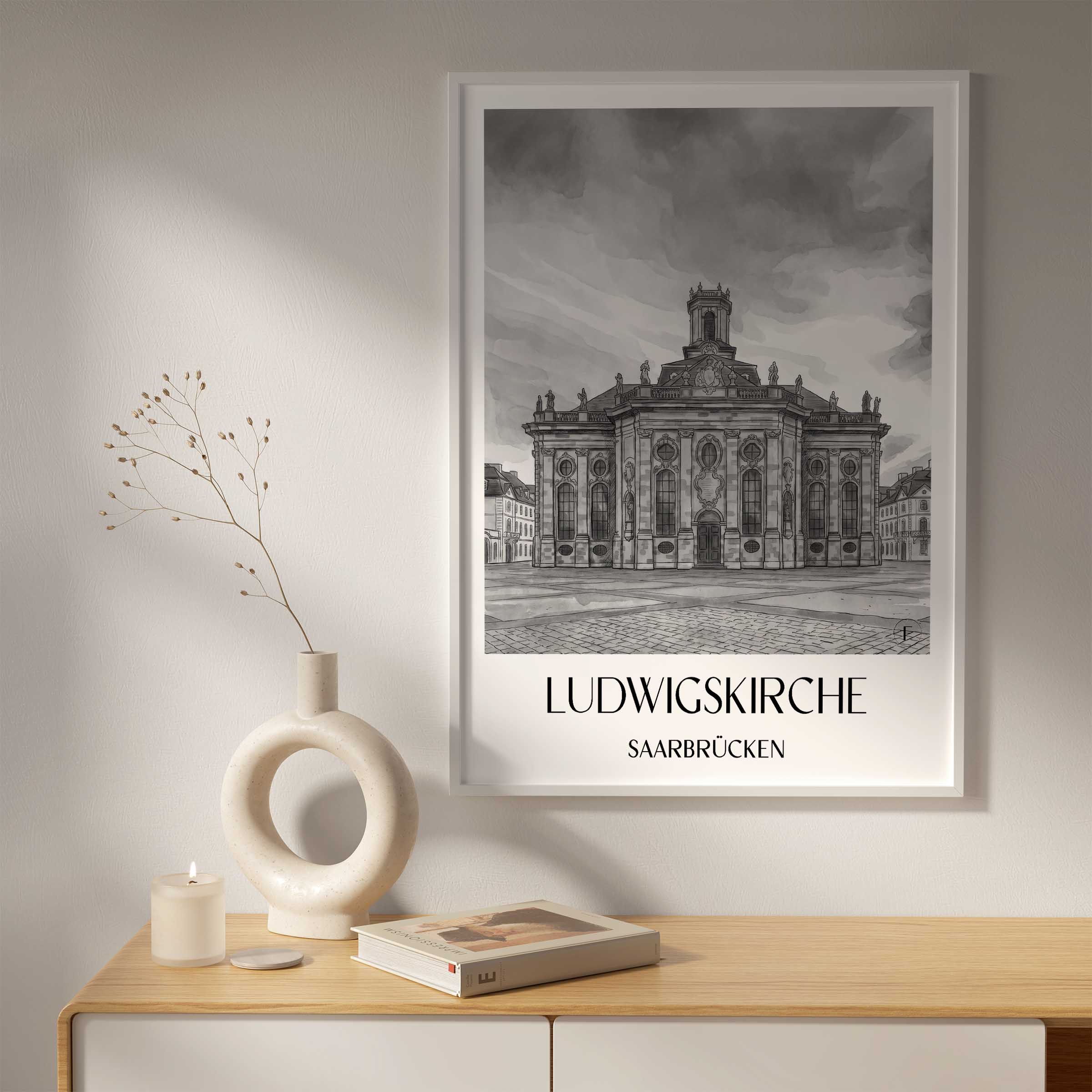 ludwigskirche-saarbrücken-deutschland-poster-aquarell-schwarz-weiss