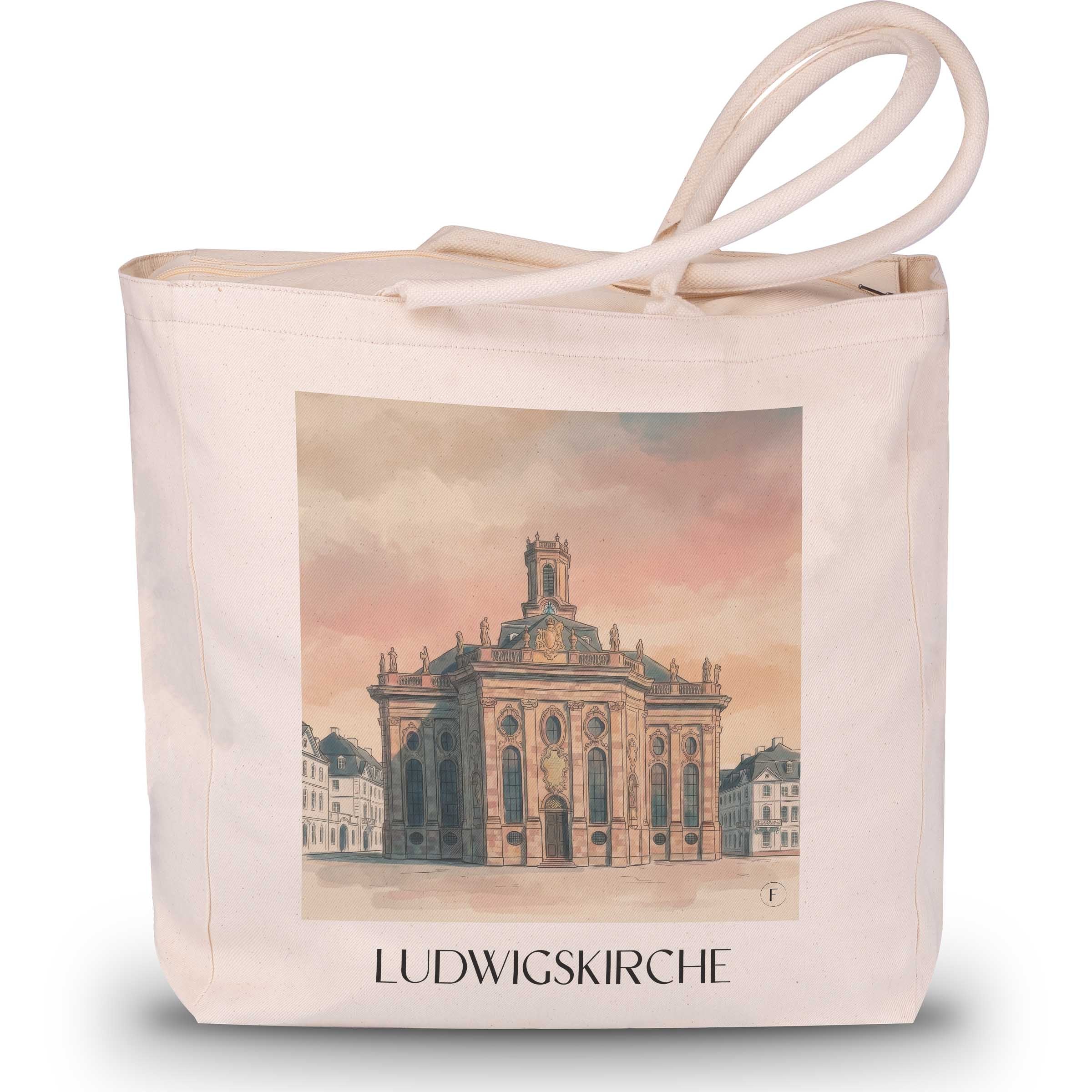 ludwigskirche-saarbrücken-deutschland-einkaufstasche-aquarell