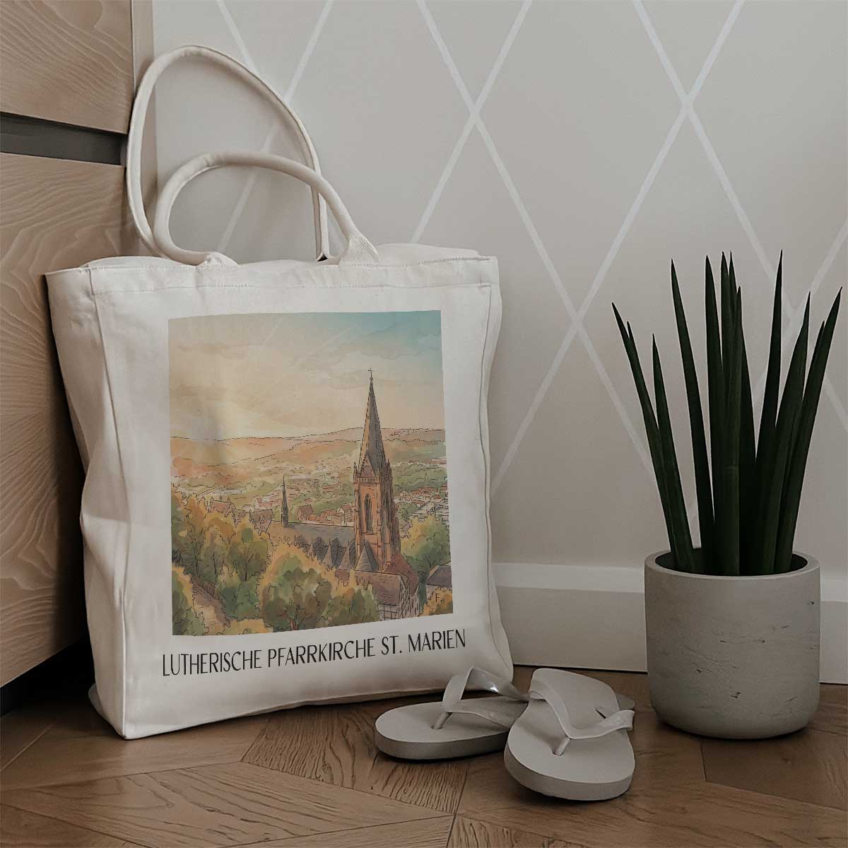 lutherische-pfarrkirche-st.-marien-marburg-deutschland-einkaufstasche-aquarell