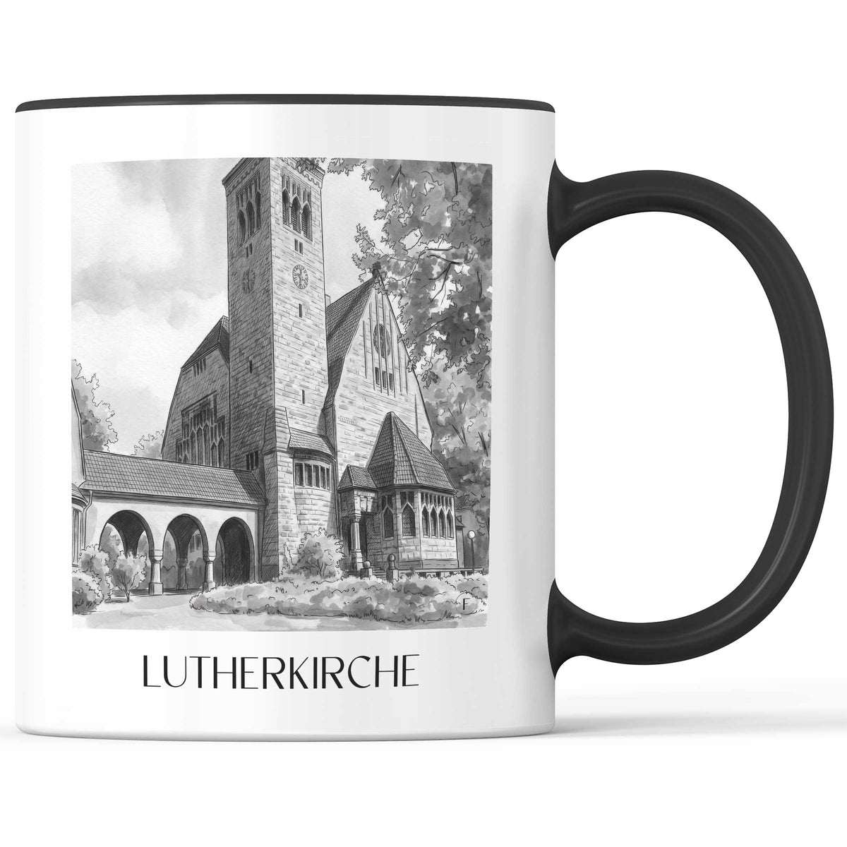 lutherkirche-bochum-deutschland-kaffeebecher-aquarell-schwarz-weiss