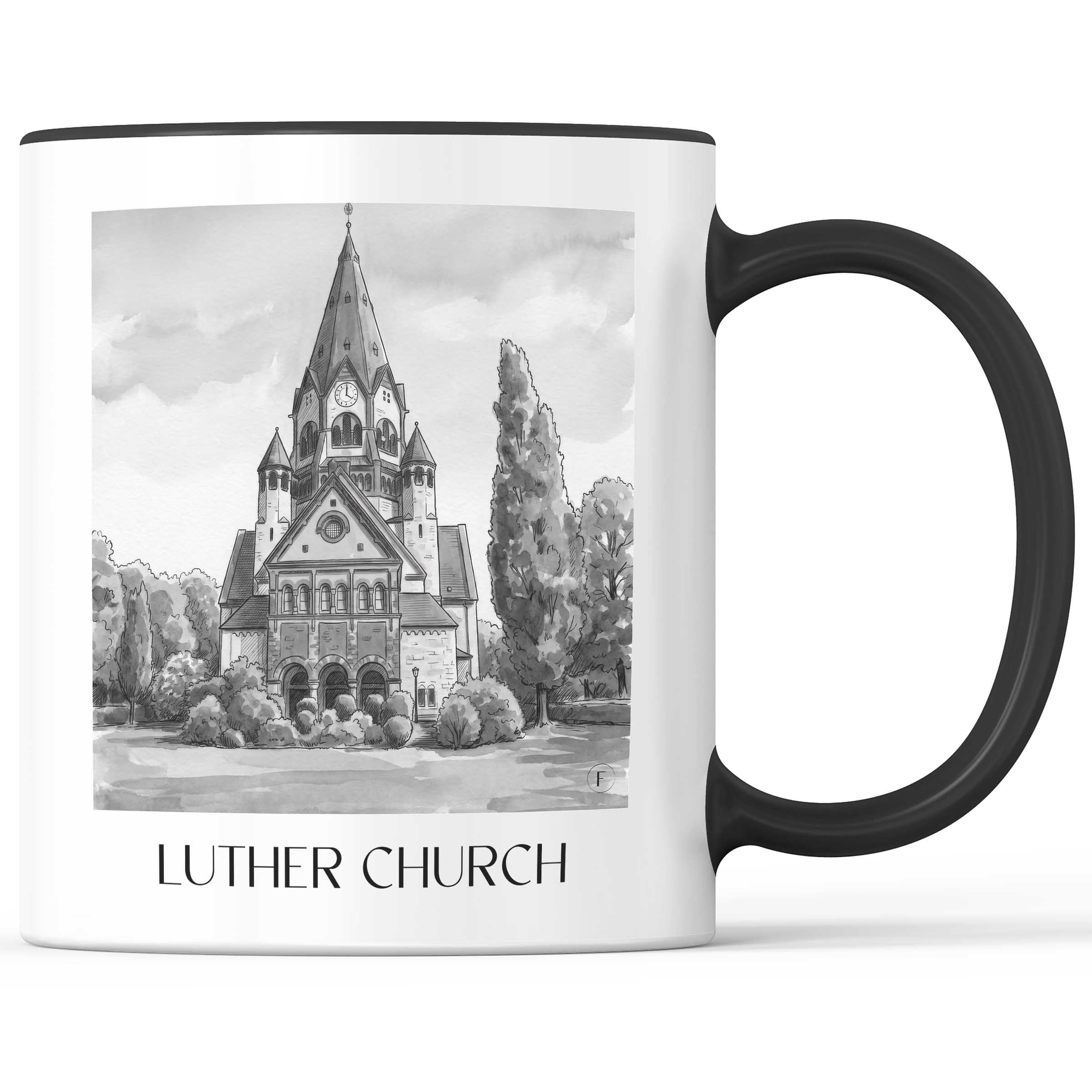 Lutherkirche Kaffeebecher - Chemnitz - Deutschland Becher - Kaffeetasse im Aquarell Schwarz-Weiß Stil - favplace