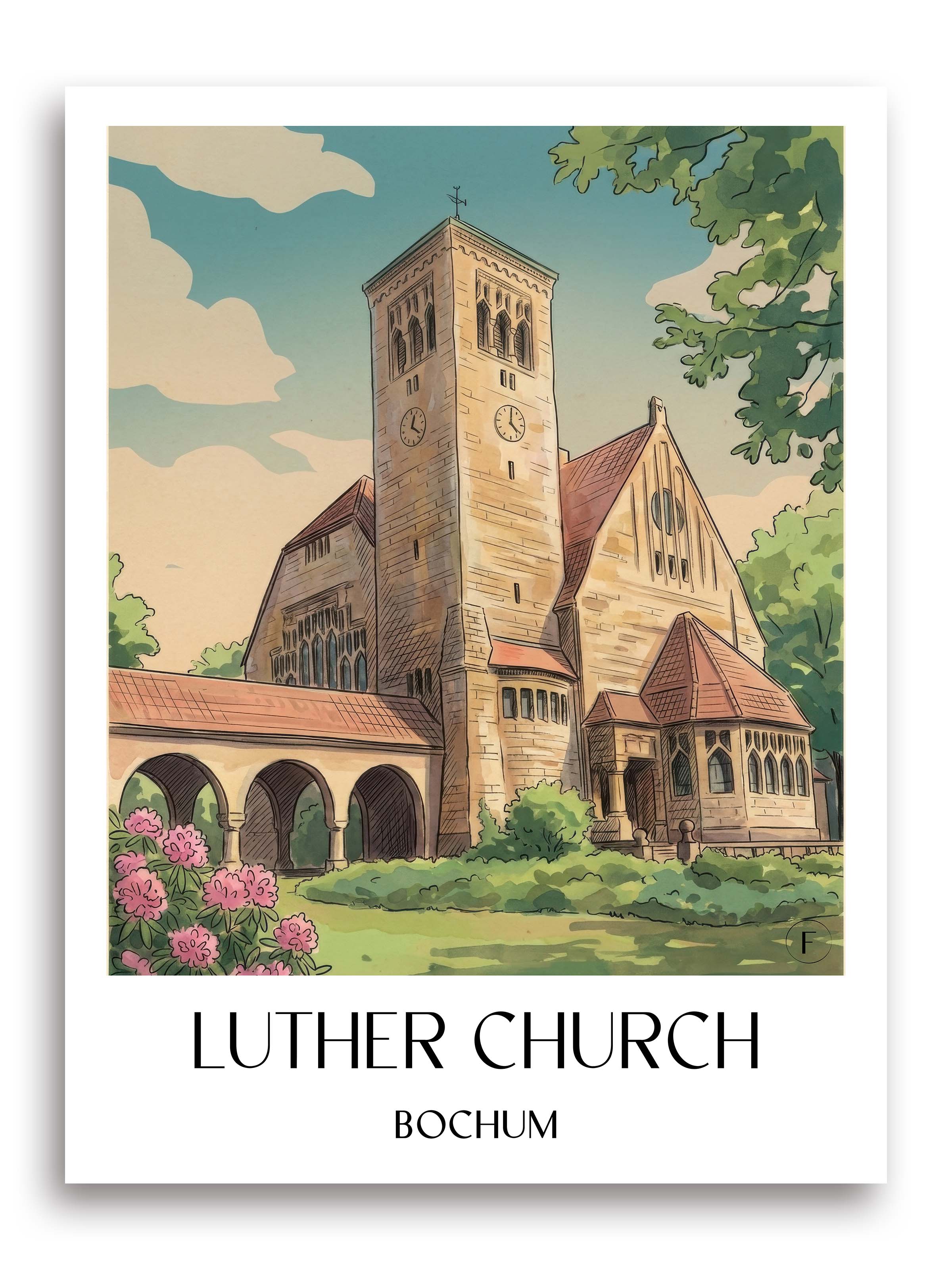 Lutherkirche Poster - Bochum - Deutschland Kunstdruck - Aquarell von A4 bis A1 - favplace
