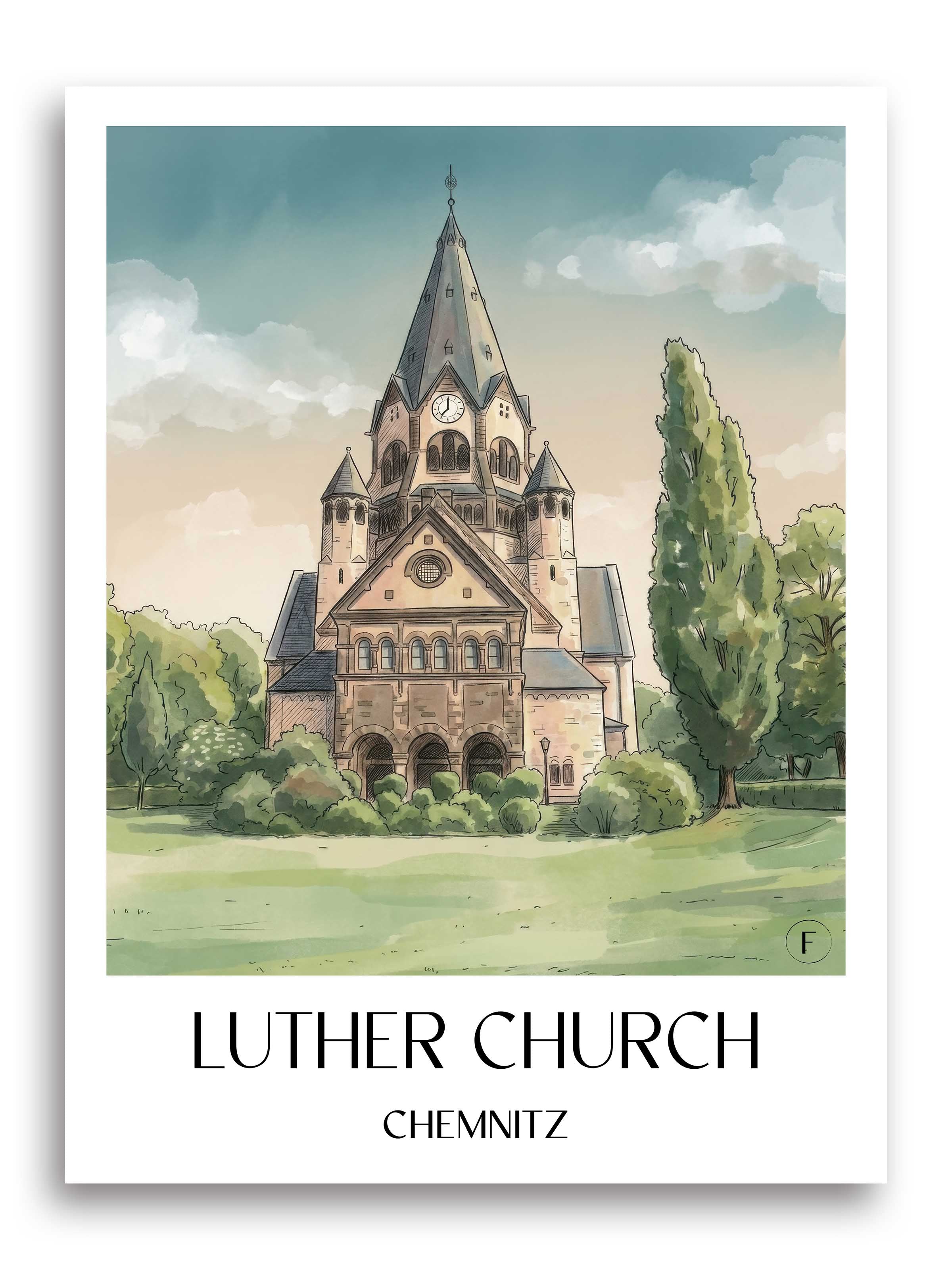 Lutherkirche Poster - Chemnitz - Deutschland Kunstdruck - Aquarell von A4 bis A1 - favplace
