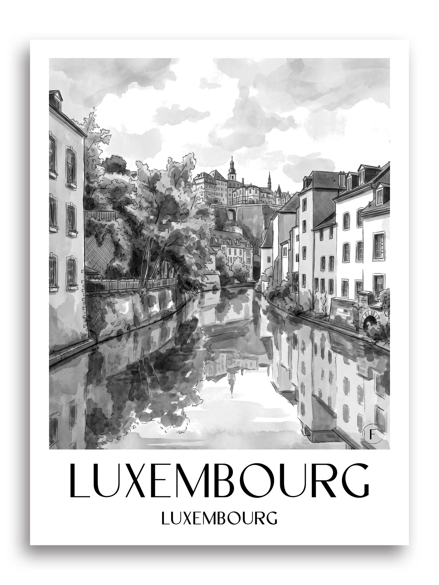 Luxemburg Poster - - Luxemburg Kunstdruck - Aquarell Schwarz-Weiß von A4 bis A1 - favplace