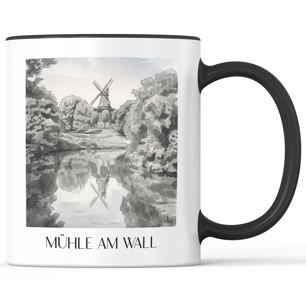 Mühle am Wall Kaffeebecher - Bremen - Deutschland Becher - Kaffeetasse im Aquarell Schwarz-Weiß Stil - favplace