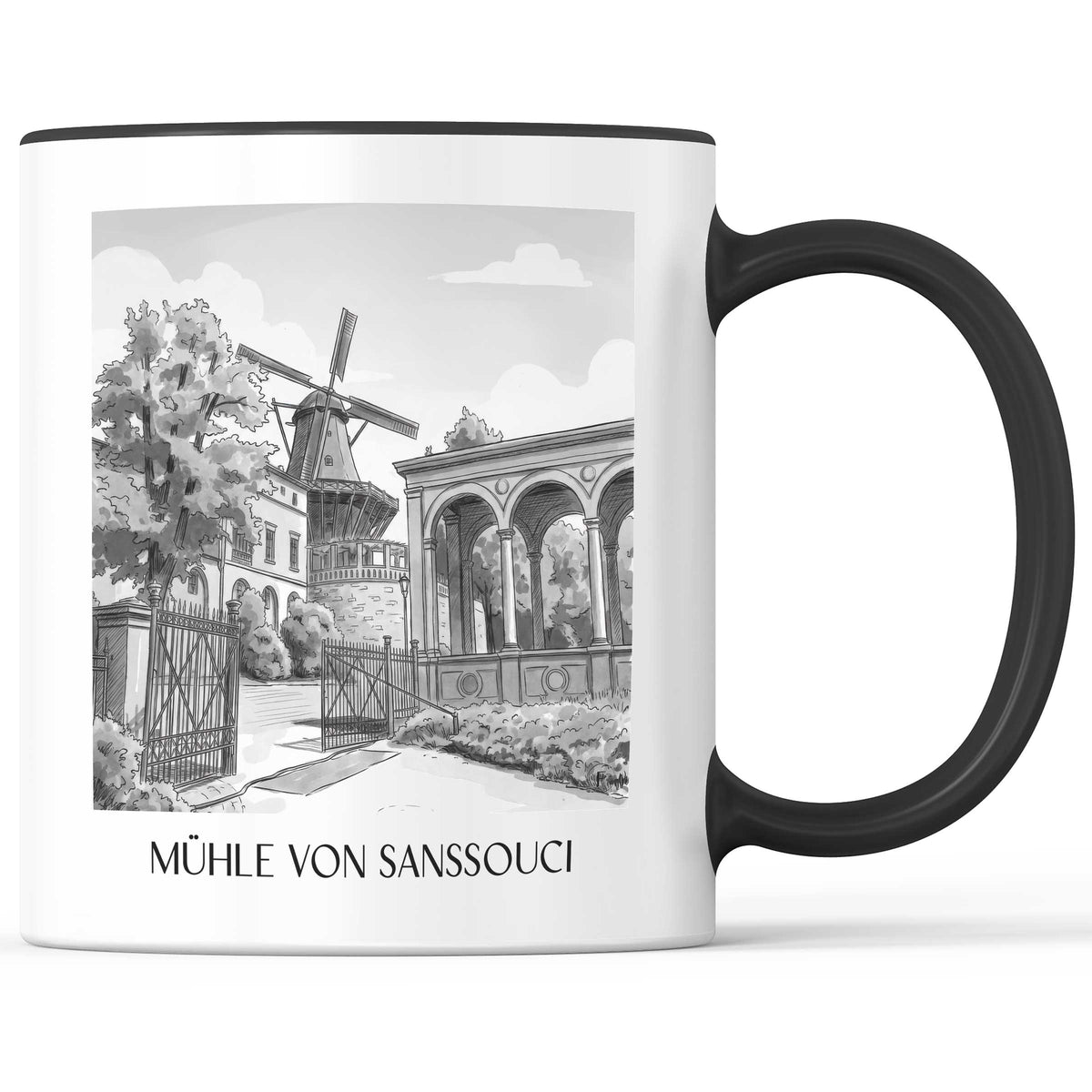 mühle-von-sanssouci-potsdam-deutschland-kaffeebecher-aquarell-schwarz-weiss