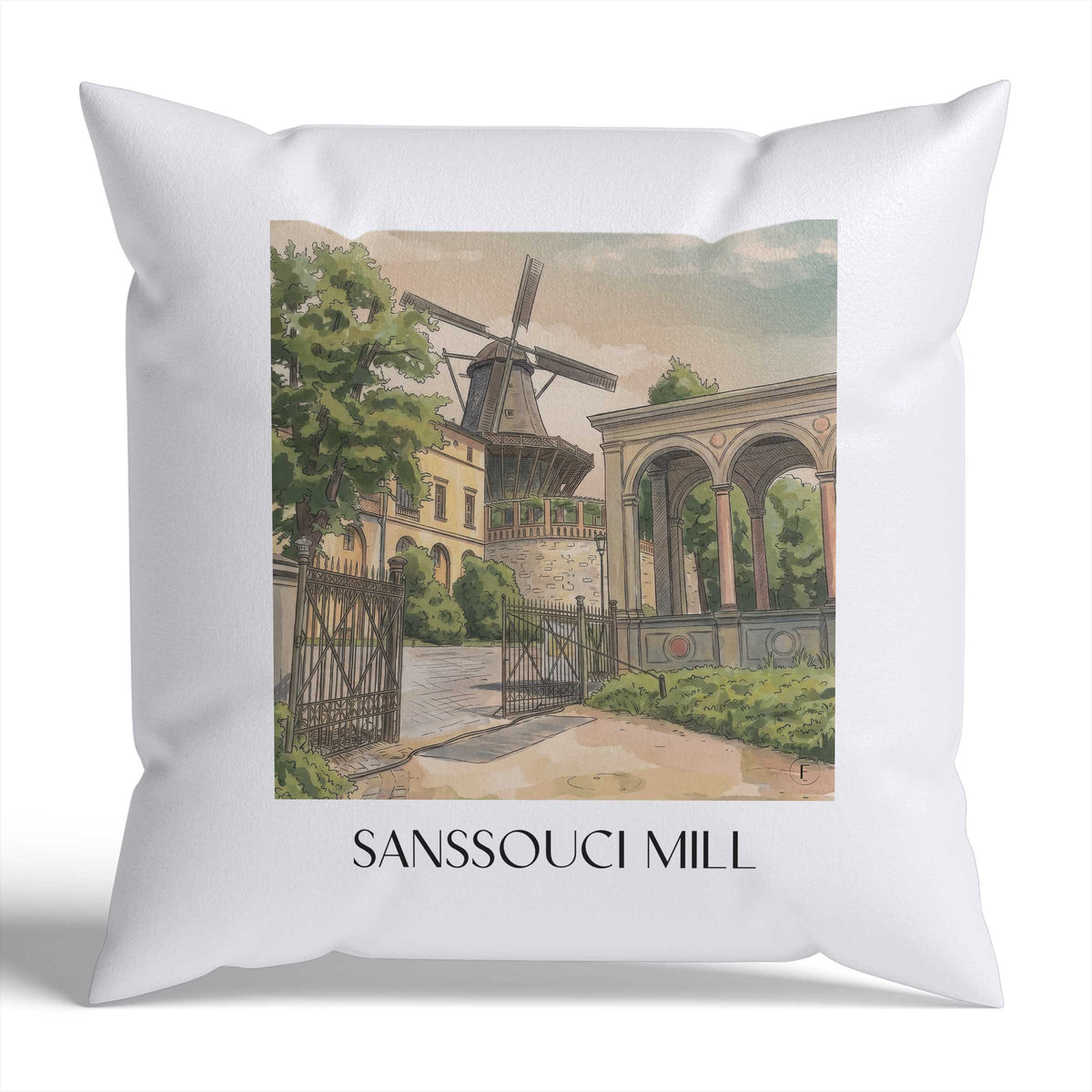 Mühle von Sanssouci Kissenhülle - Zierkissen Bezug - Potsdam - Deutschland Kissen bzw. Kissenbezug im Aquarell Stil - favplace