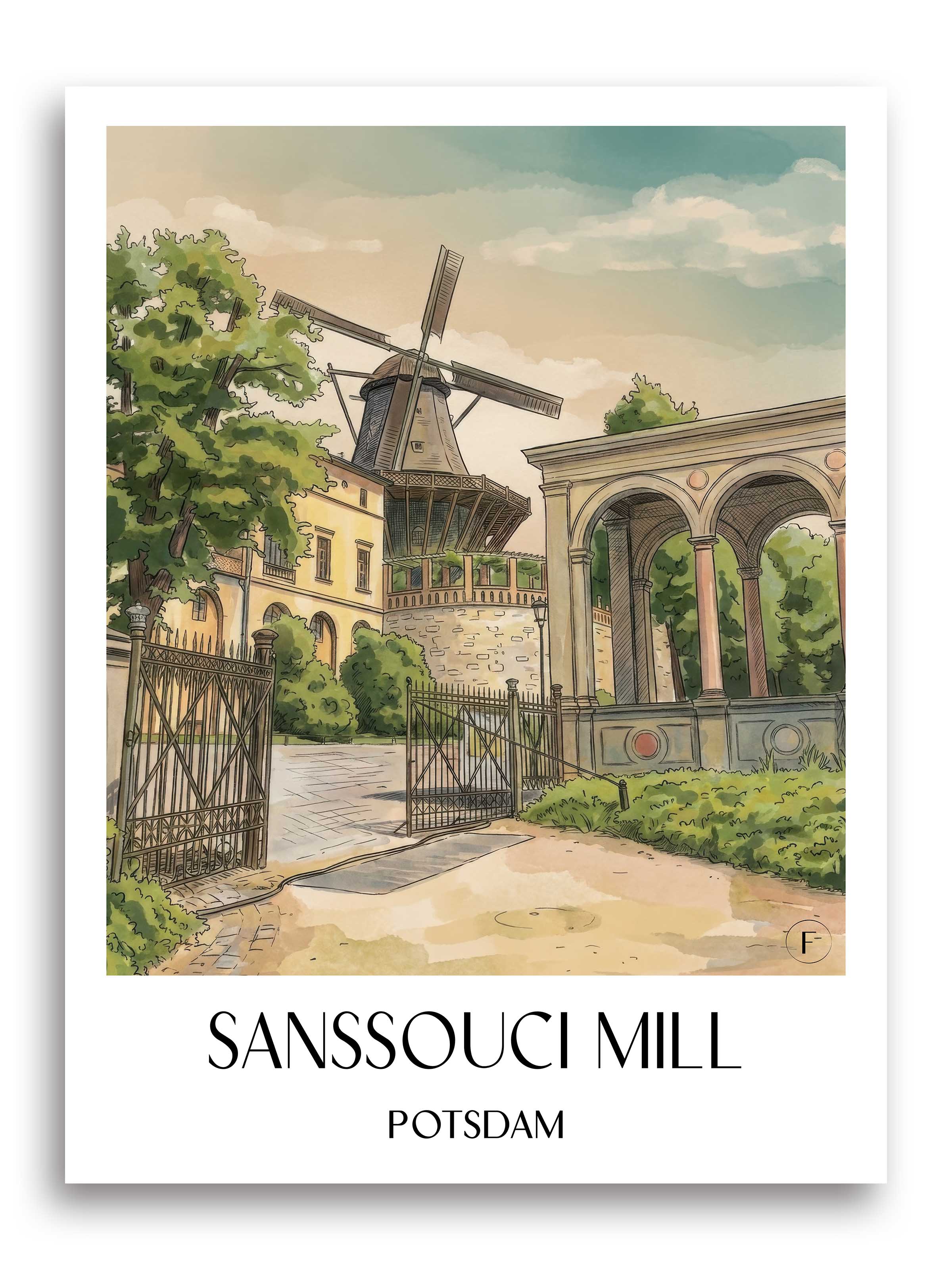 Mühle von Sanssouci Poster - Potsdam - Deutschland Kunstdruck - Aquarell von A4 bis A1 - favplace
