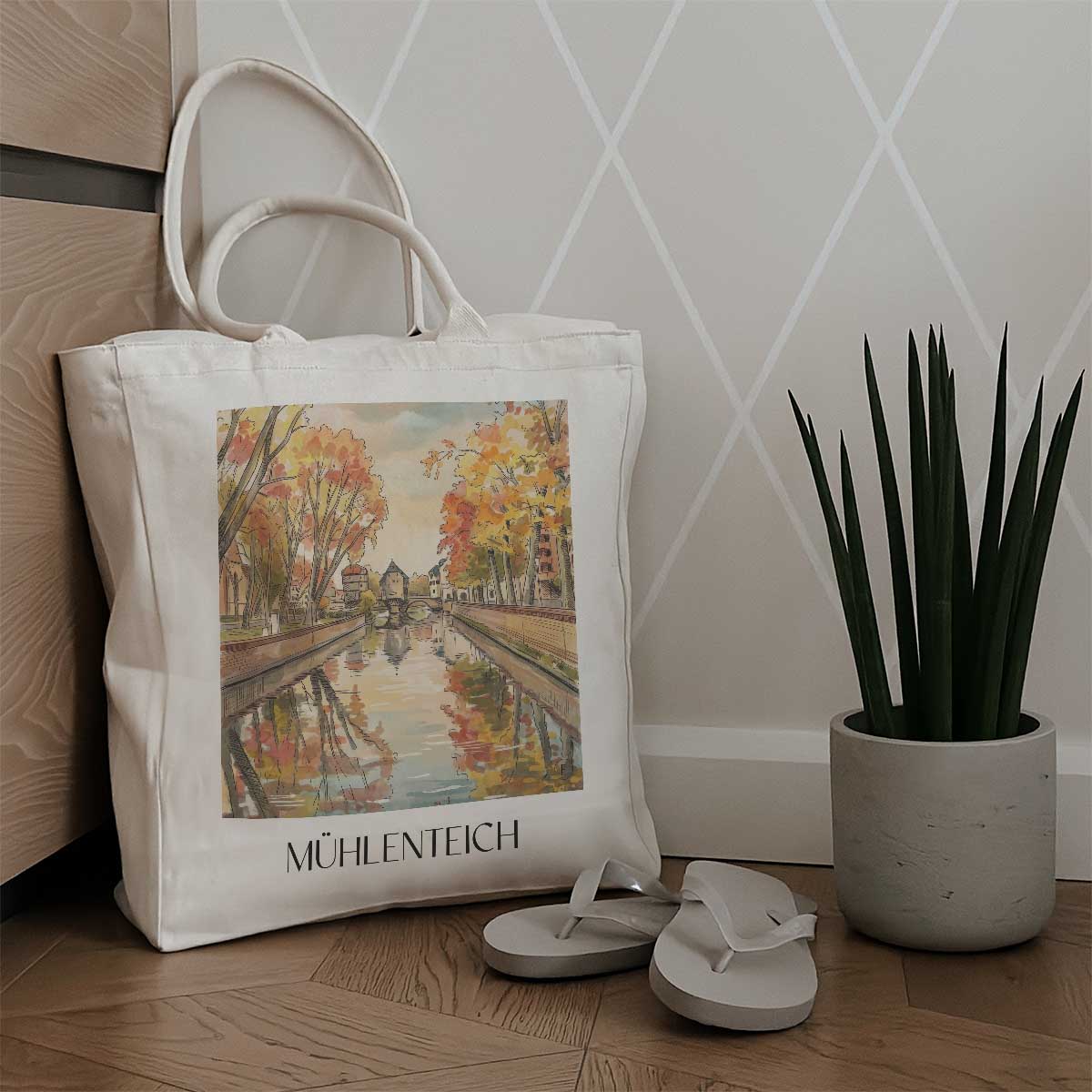 mühlenteich-bad-kreuznach-deutschland-einkaufstasche-aquarell